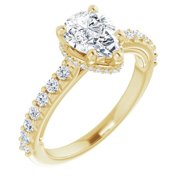 Anillo de compromiso con Diamante de Laboratorio Pera 1 CT. estilo Halo & Pave Oro Amarillo 14K IGI