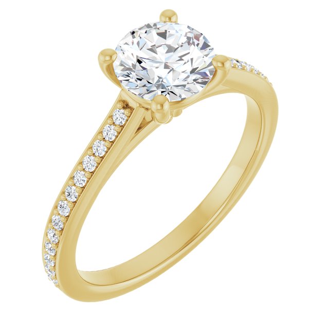 Anillo de Compromiso en Oro Amarillo con Diamante Redondo con Pave, 1 CT. IGI