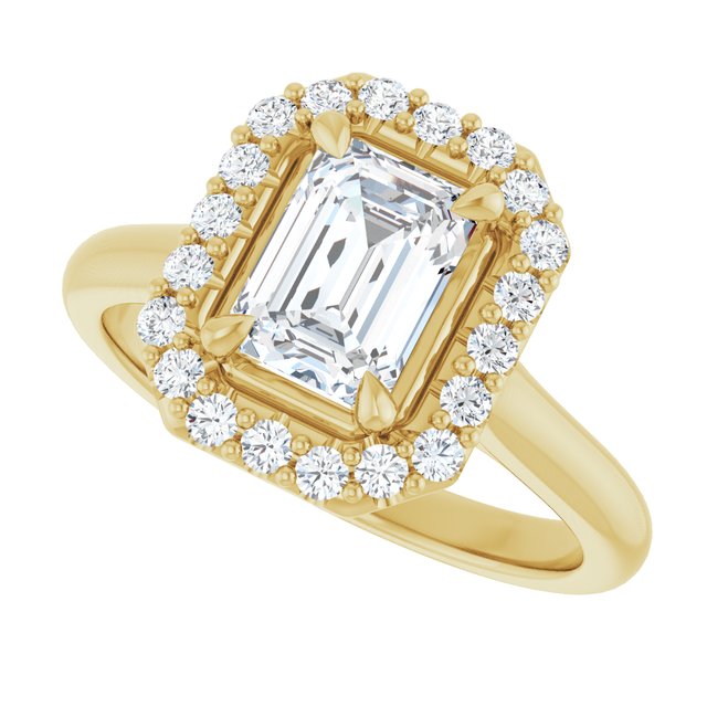 Anillo de compromiso con Diamante de Laboratorio Esmeralda 1 CT. estilo Halo, Oro Amarillo 14K IGI