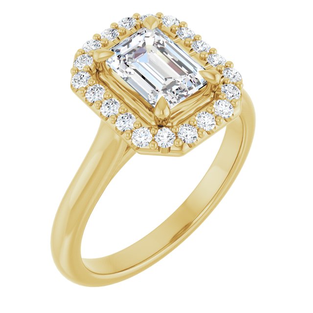 Anillo de compromiso con Diamante de Laboratorio Esmeralda 1 CT. estilo Halo, Oro Amarillo 14K IGI