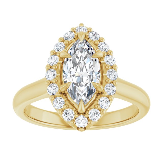 Anillo de compromiso con Diamante de Laboratorio Marquise 1 CT. estilo Halo, Oro Amarillo 14K IGI