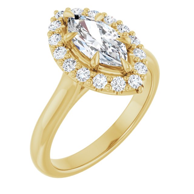 Anillo de compromiso con Diamante de Laboratorio Marquise 1 CT. estilo Halo, Oro Amarillo 14K IGI