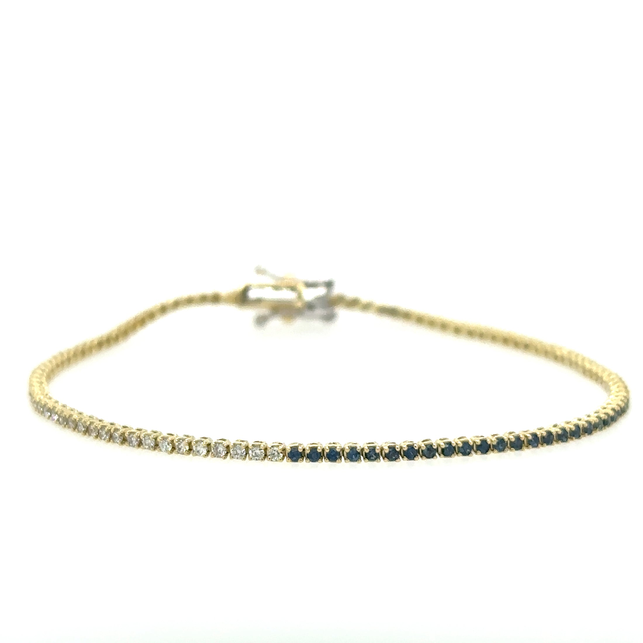 Pulsera De Tenis En Oro Amarillo De 14 Kt Con Diamantes Y Zafiro Azul 1.2 CT