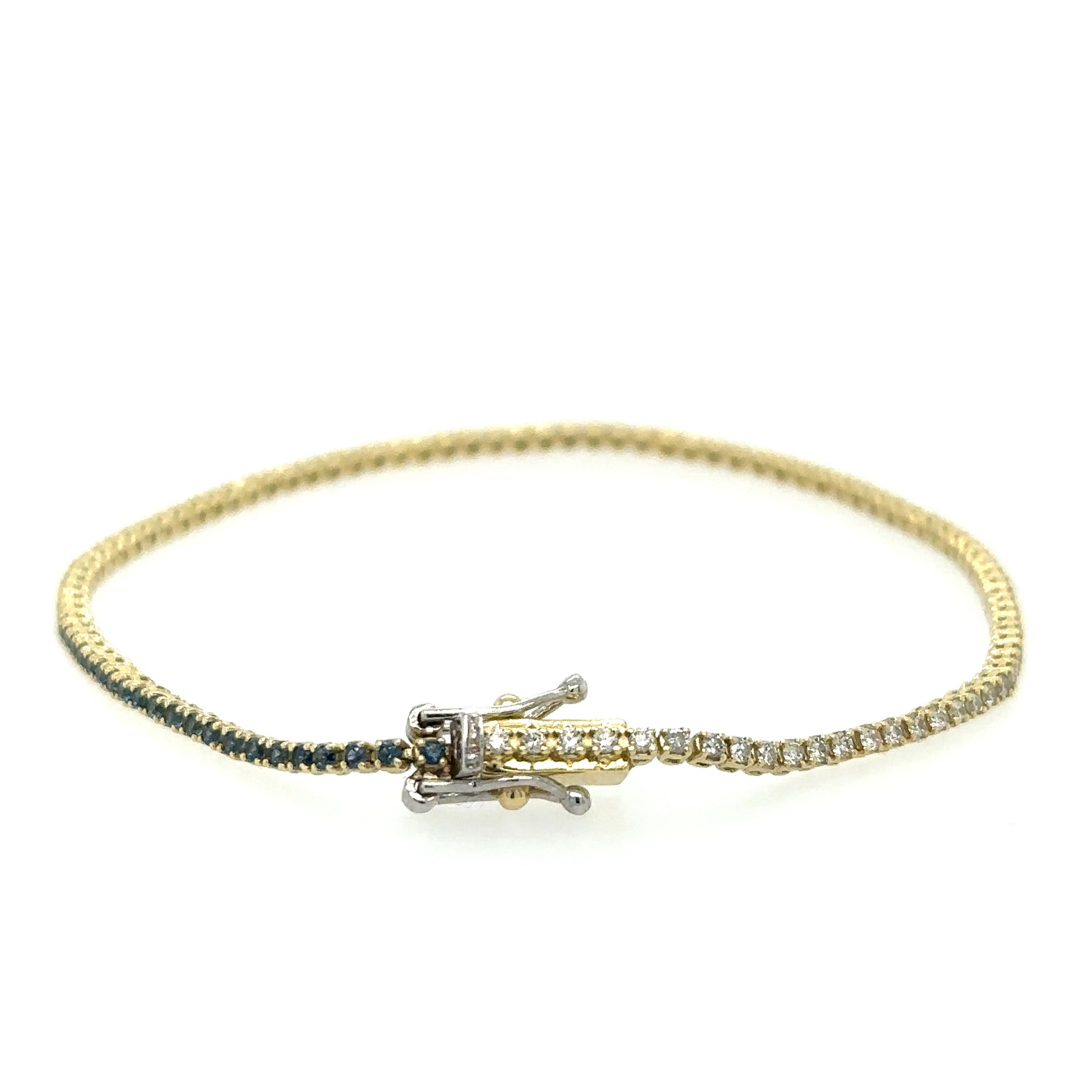 Pulsera De Tenis En Oro Amarillo De 14 Kt Con Diamantes Y Zafiro Azul 1.2 CT