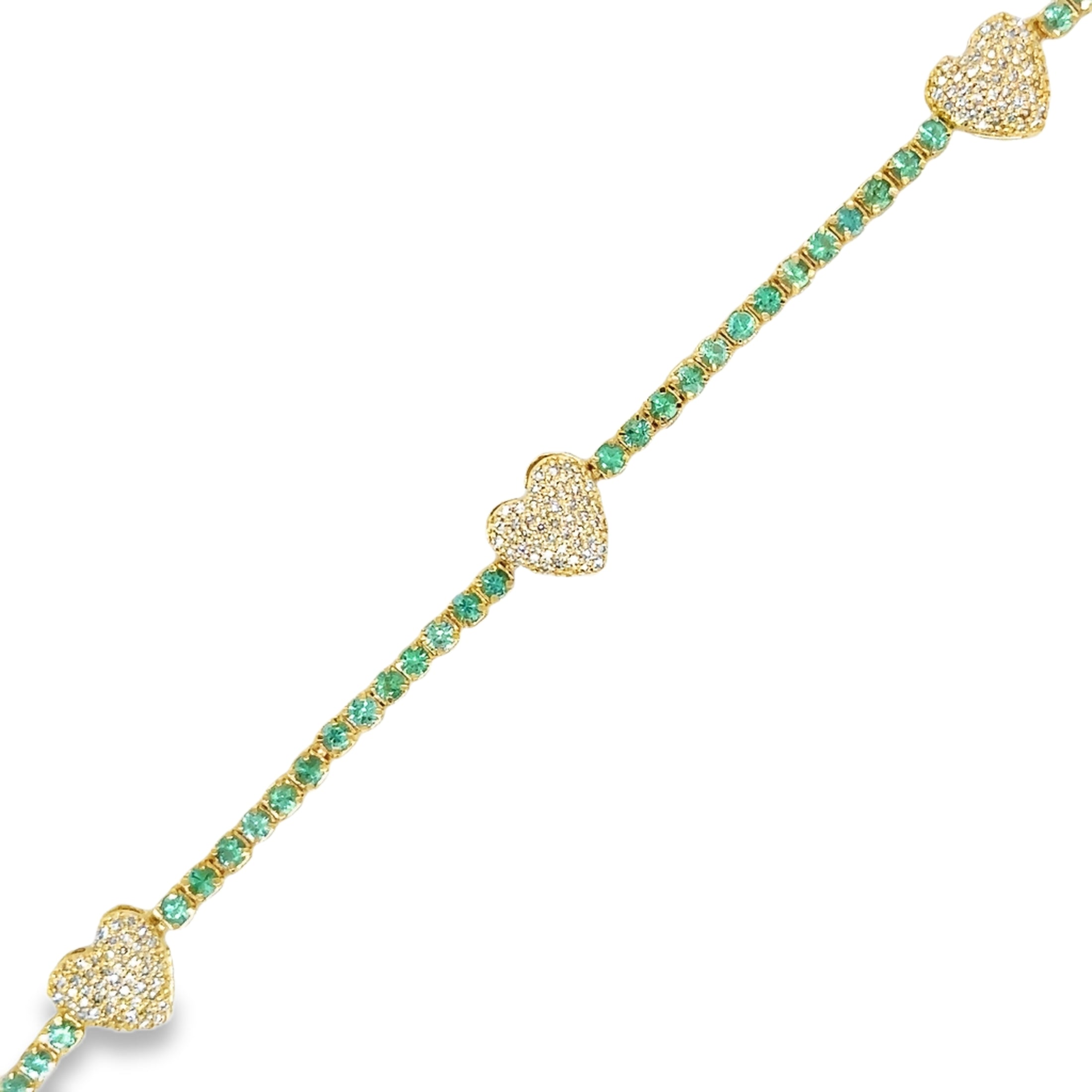 Pulsera De Tenis Con Corazón De Diamantes Y Esmeraldas En Oro Amarillo De 14 Kt, 7", 1.51 CT