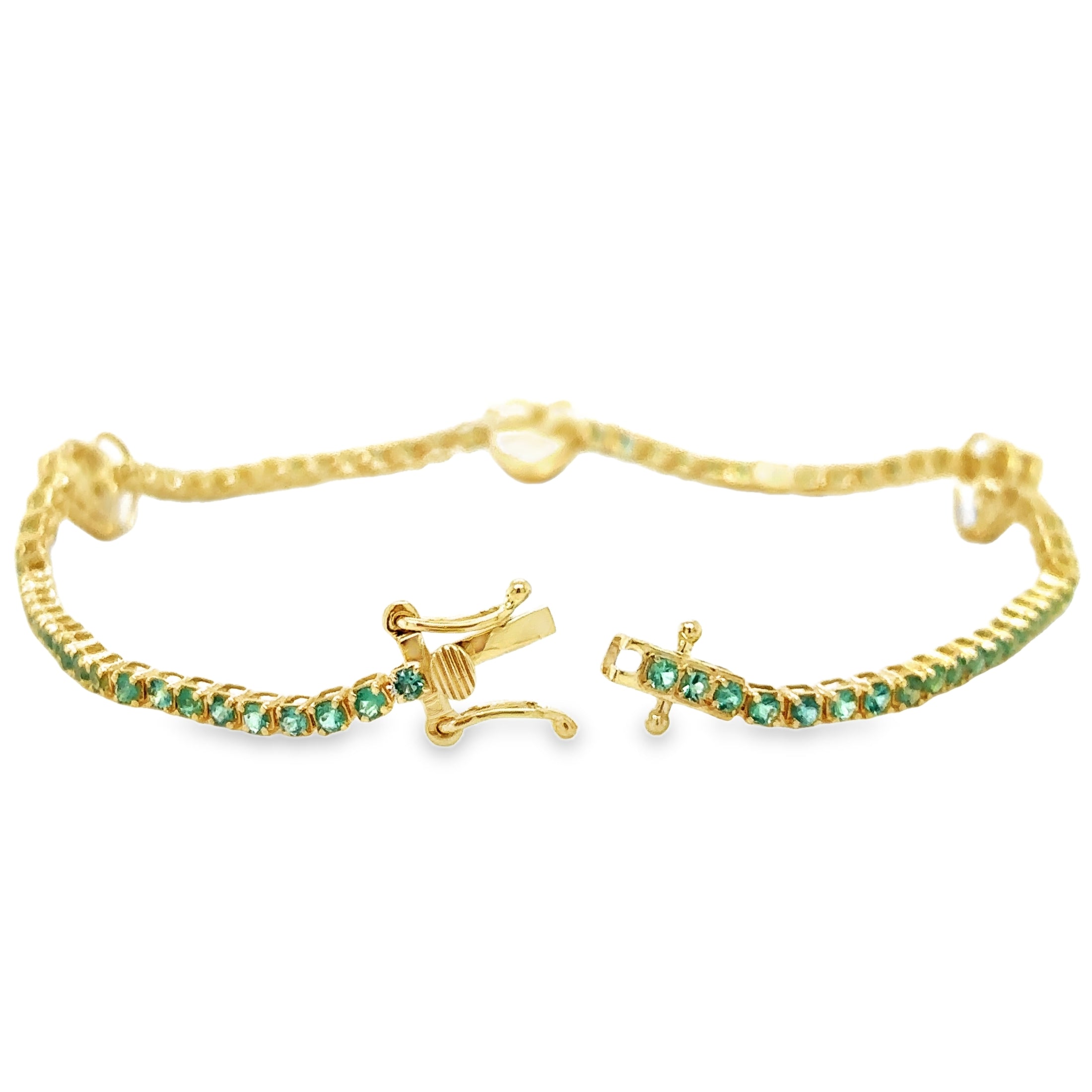 Pulsera De Tenis Con Corazón De Diamantes Y Esmeraldas En Oro Amarillo De 14 Kt, 7", 1.51 CT