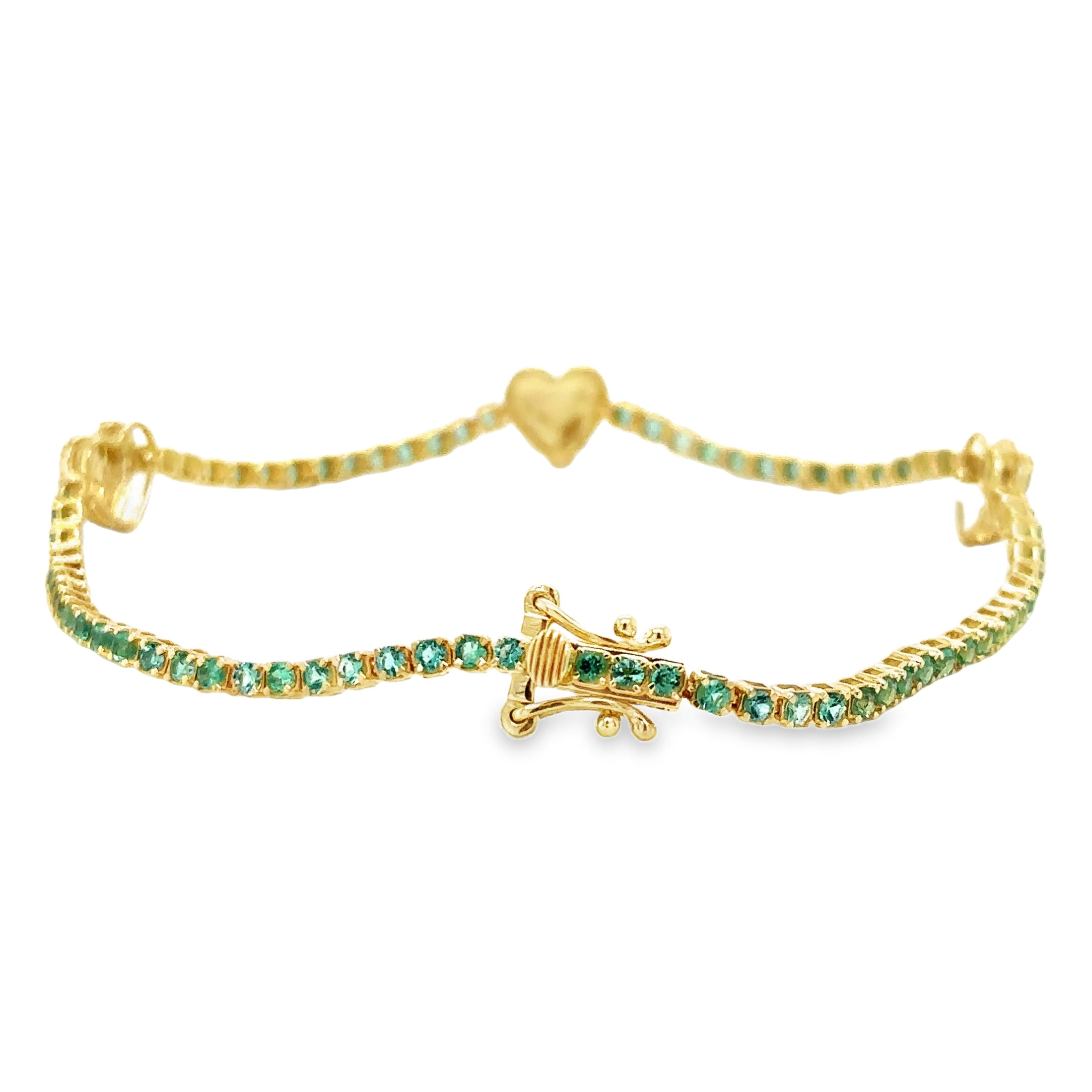 Pulsera De Tenis Con Corazón De Diamantes Y Esmeraldas En Oro Amarillo De 14 Kt, 7", 1.51 CT