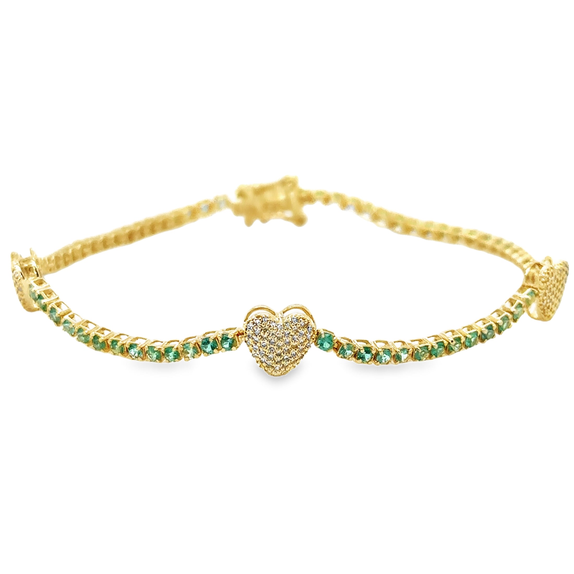 Pulsera De Tenis Con Corazón De Diamantes Y Esmeraldas En Oro Amarillo De 14 Kt, 7", 1.51 CT