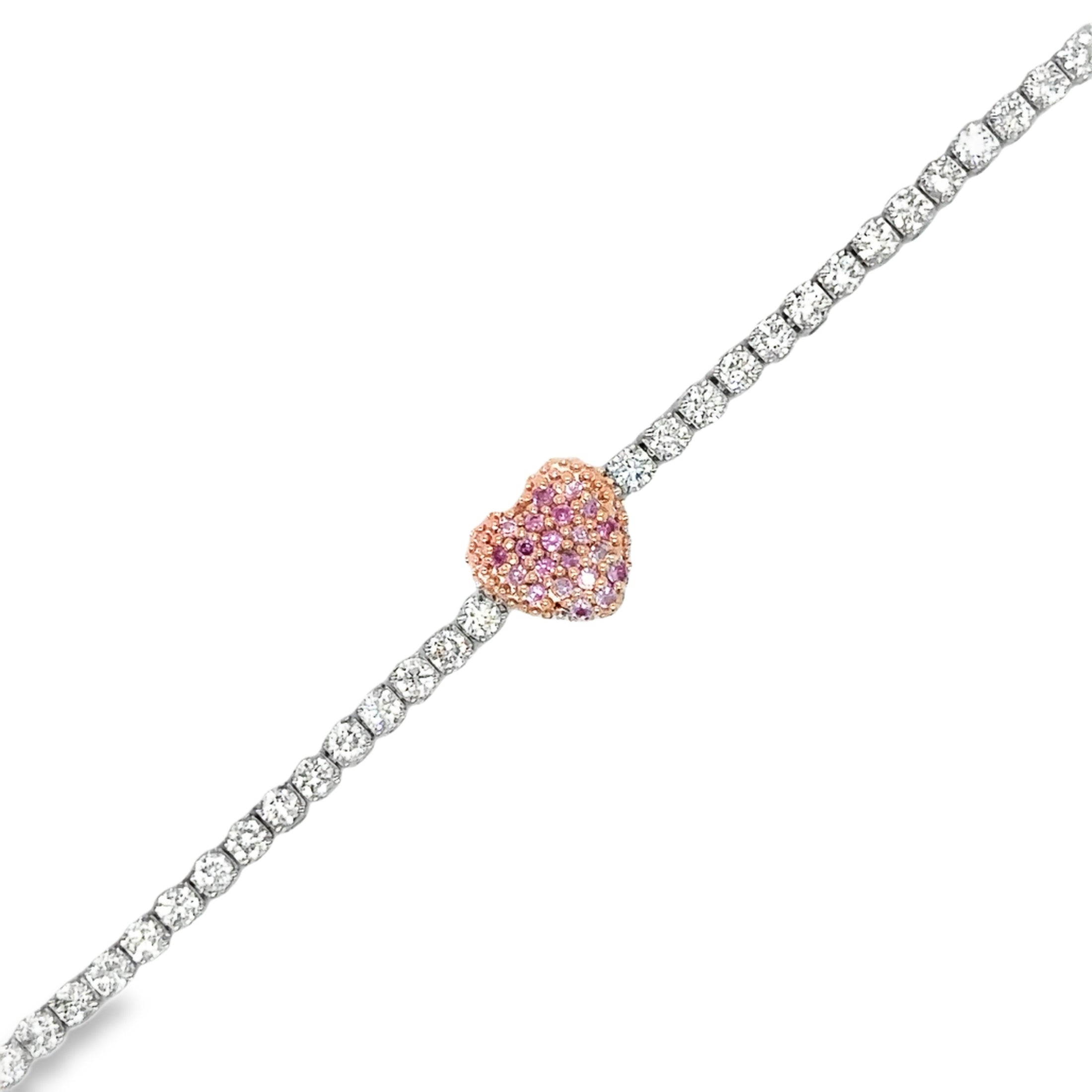 Brazalete De Tenis Con Forma De Corazón De Diamantes Y Zafiro Rosa En Dos Tonos De 14K, 1,85 Tcw