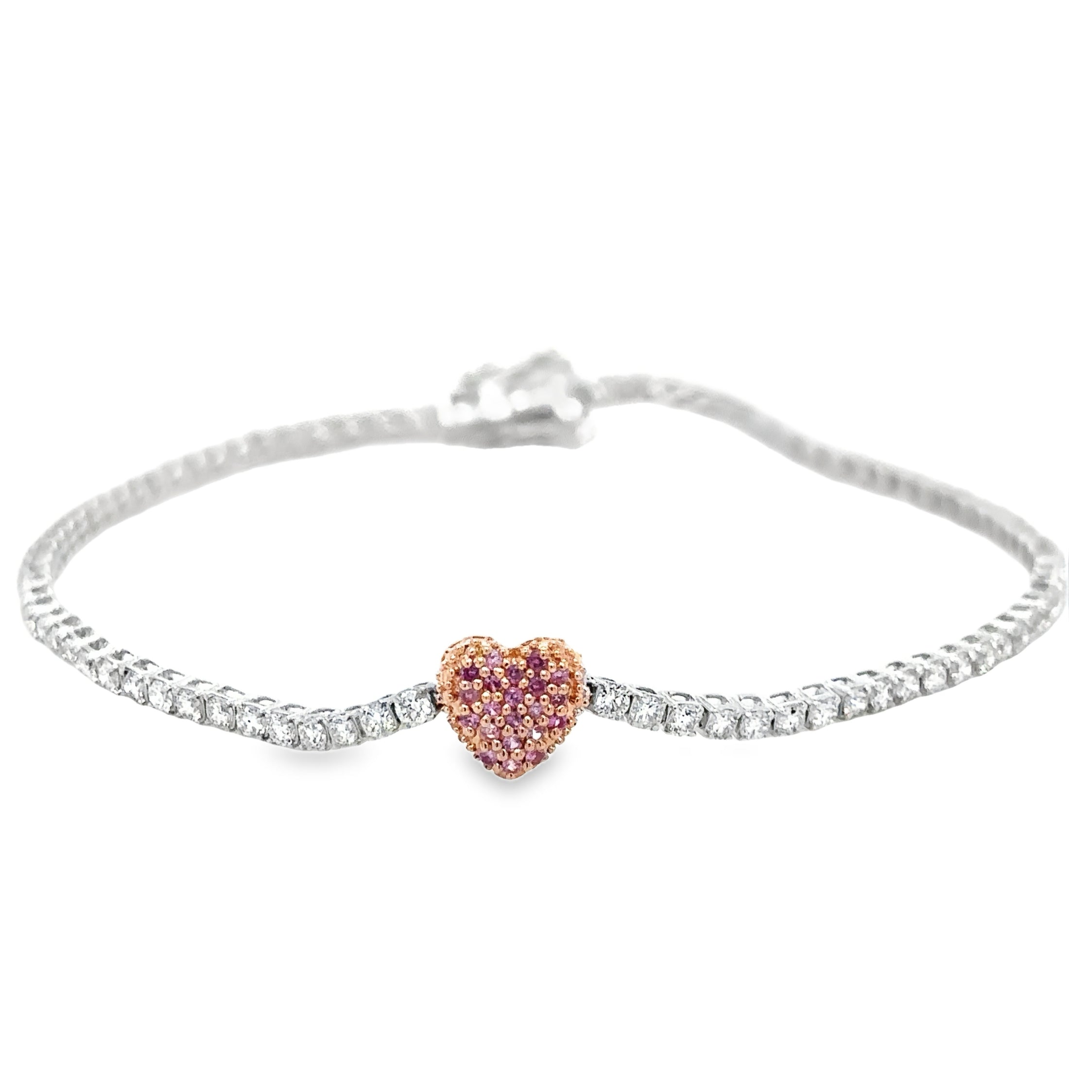 Brazalete De Tenis Con Forma De Corazón De Diamantes Y Zafiro Rosa En Dos Tonos De 14K, 1,85 Tcw