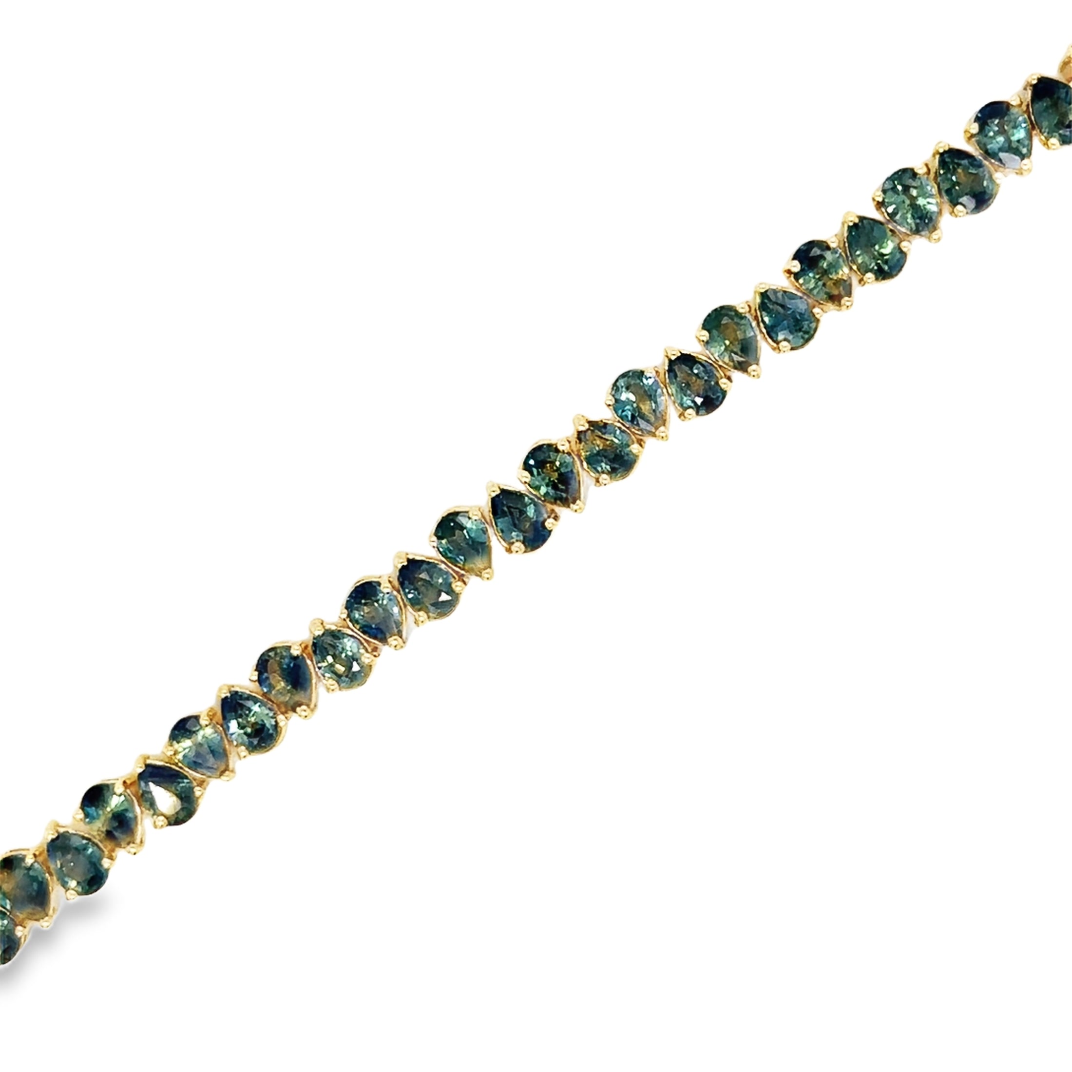 14K Yellow Gold Pear-Shaped Green/Blue Sapphire Bracelet 7", 8.40CT