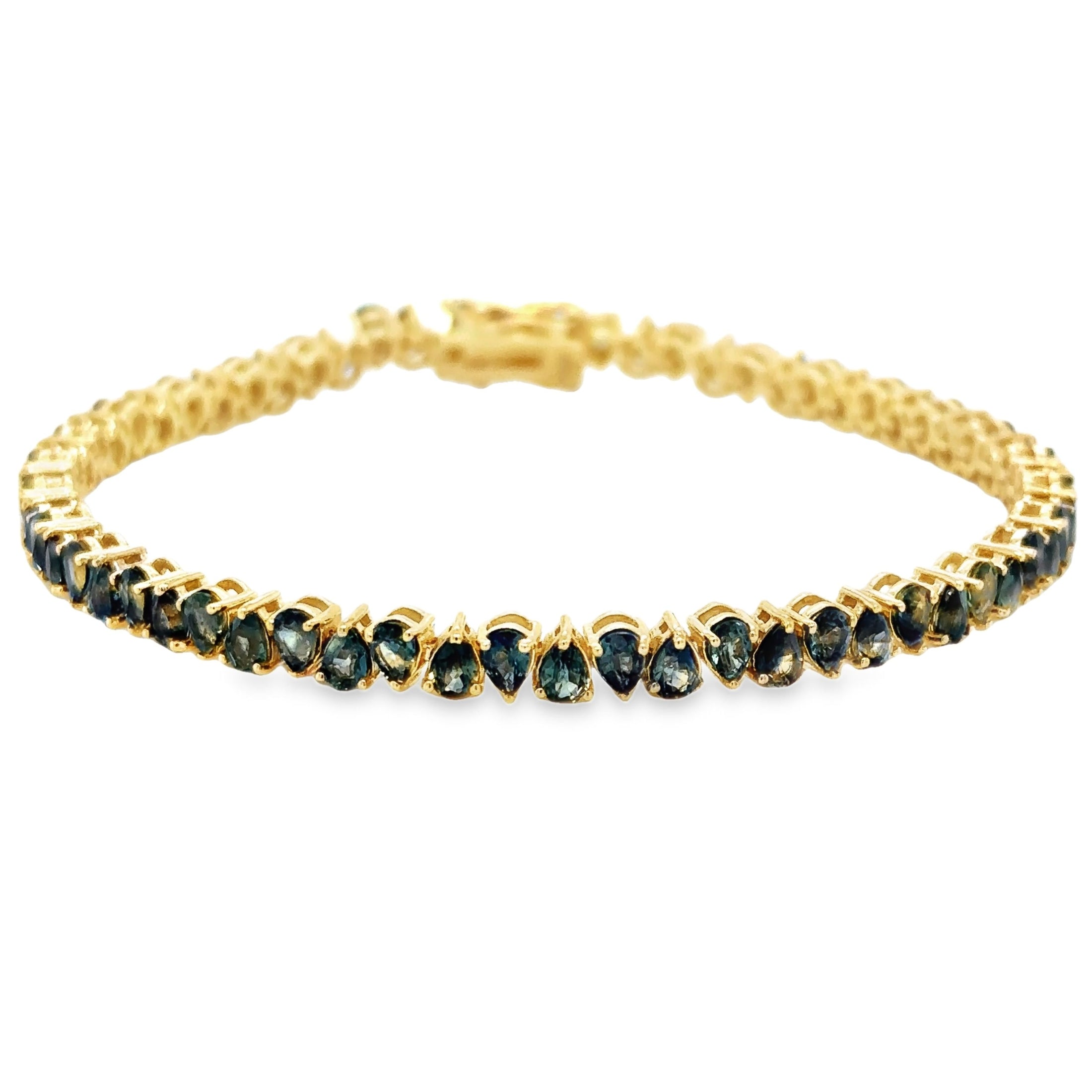 Pulsera De Zafiro Verde/Azul En Forma De Pera De Oro Amarillo De 14 K De 7", 8.40CT