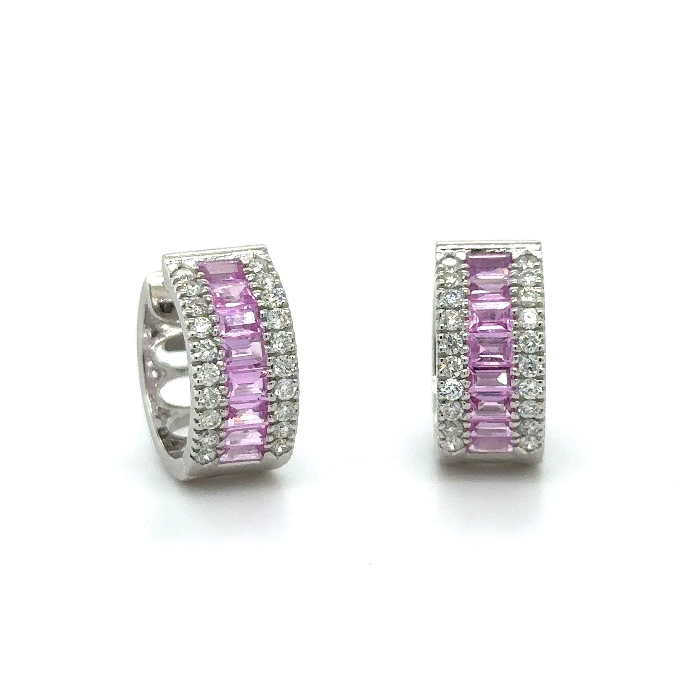 Arete De Diamantes Y Zafiro Rosa En Oro Blanco De 14K, 2,14 Tcw