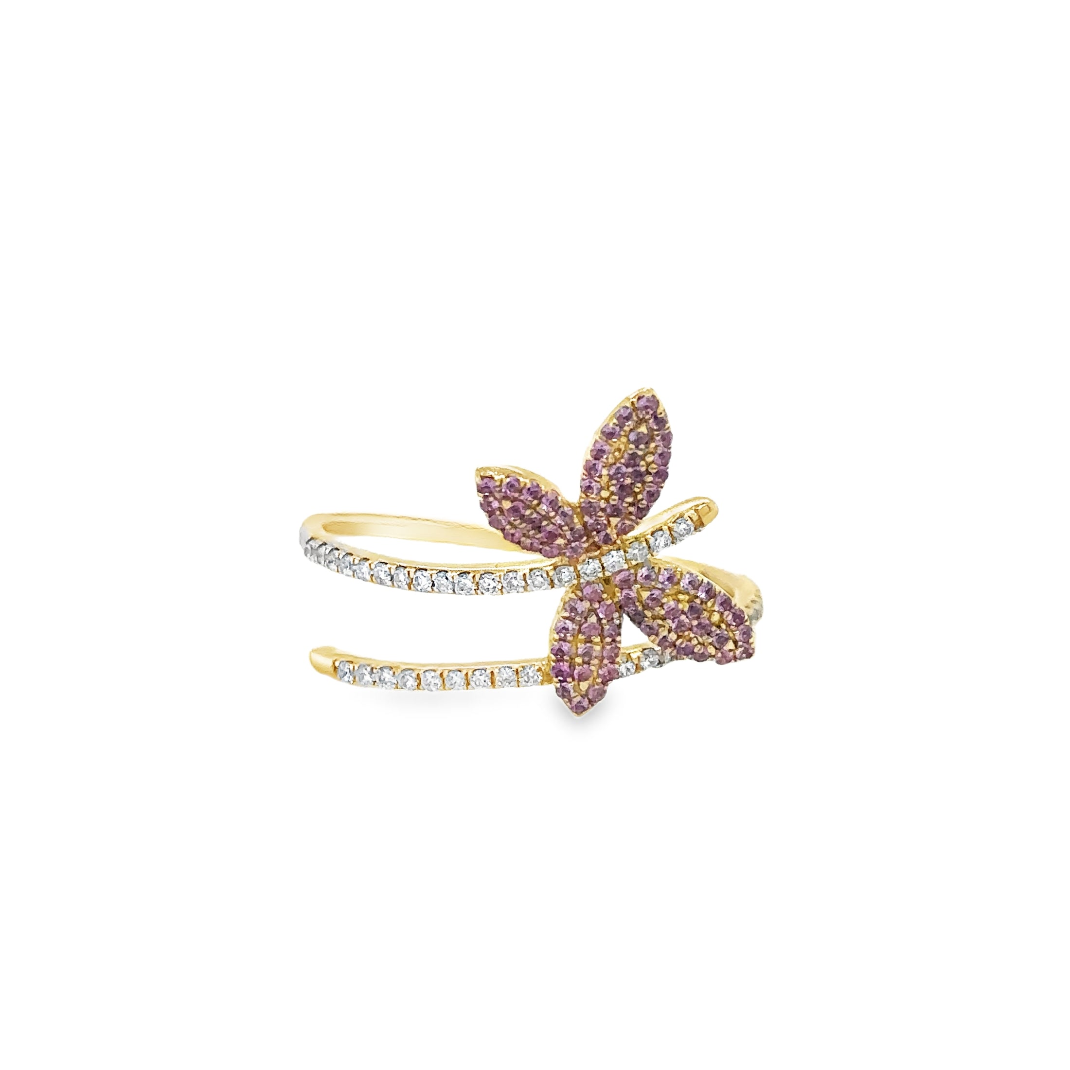 Anillo Mariposa De Diamantes Y Zafiro Rosa En Oro Amarillo De 14Kt, 0.38 CT