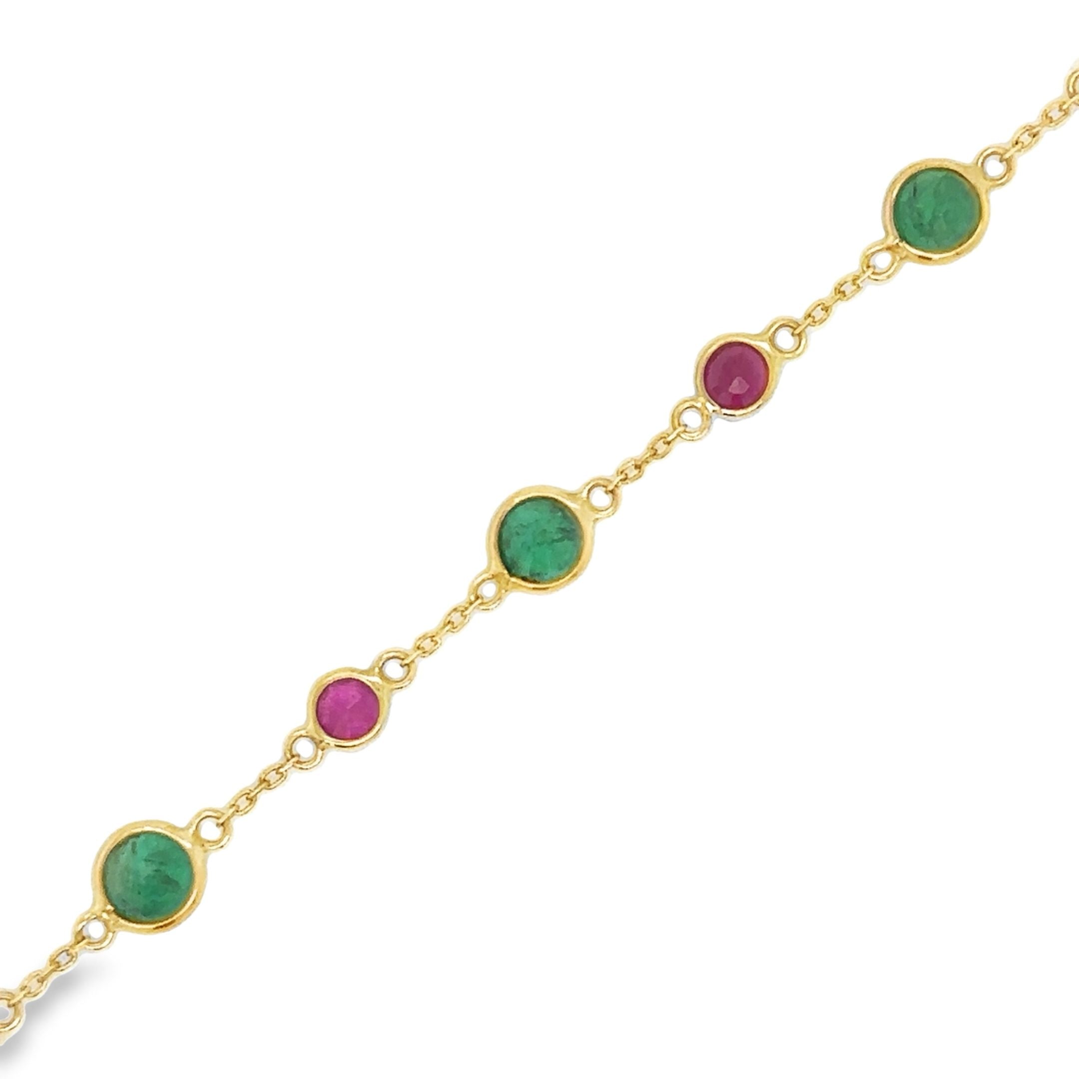 18K Yellow Gold Ruby &amp; Emerald Station Bracelet 7" 2.94CT