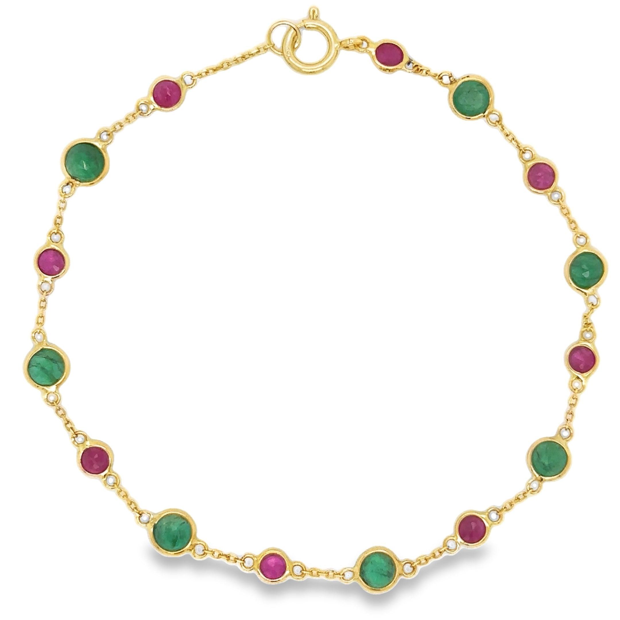 18K Yellow Gold Ruby &amp; Emerald Station Bracelet 7" 2.94CT