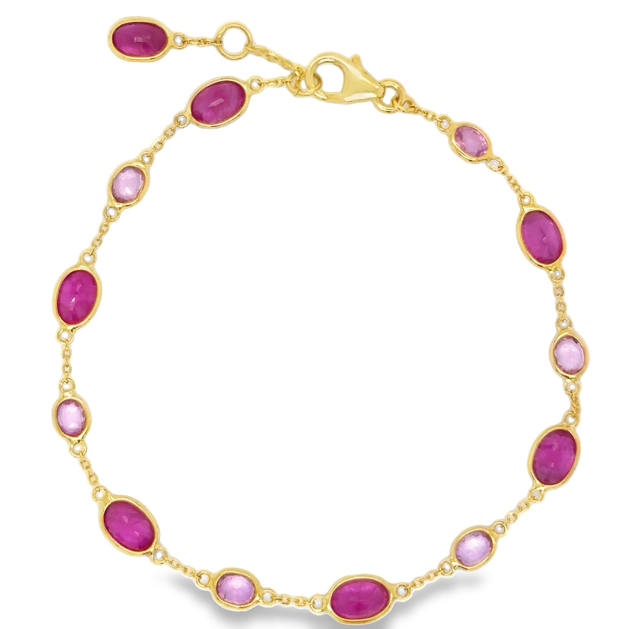 18K Yellow Gold Station Bracelet with Rubies and Pink Sapphire 7", 4.58CT