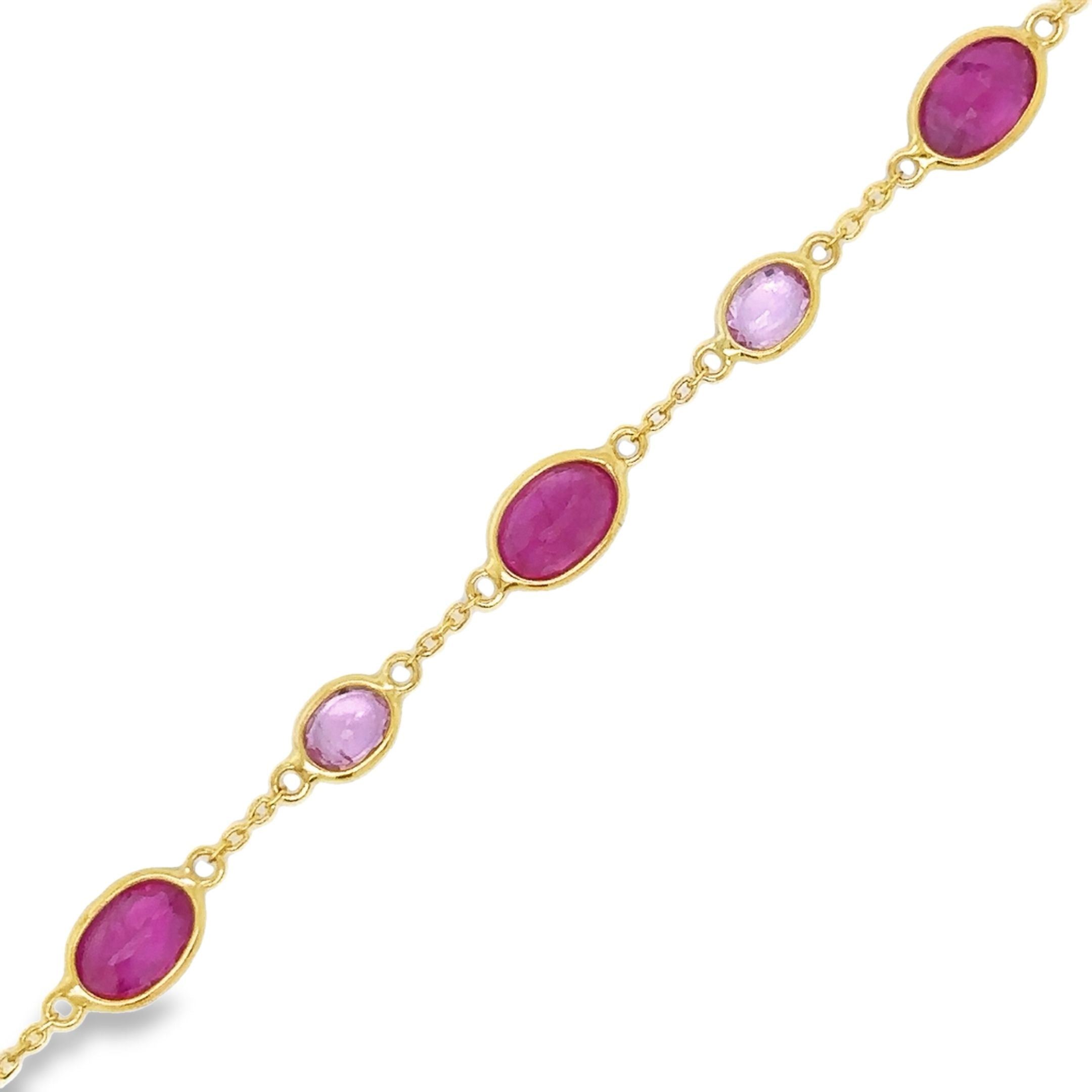 18K Yellow Gold Station Bracelet with Rubies and Pink Sapphire 7", 4.58CT