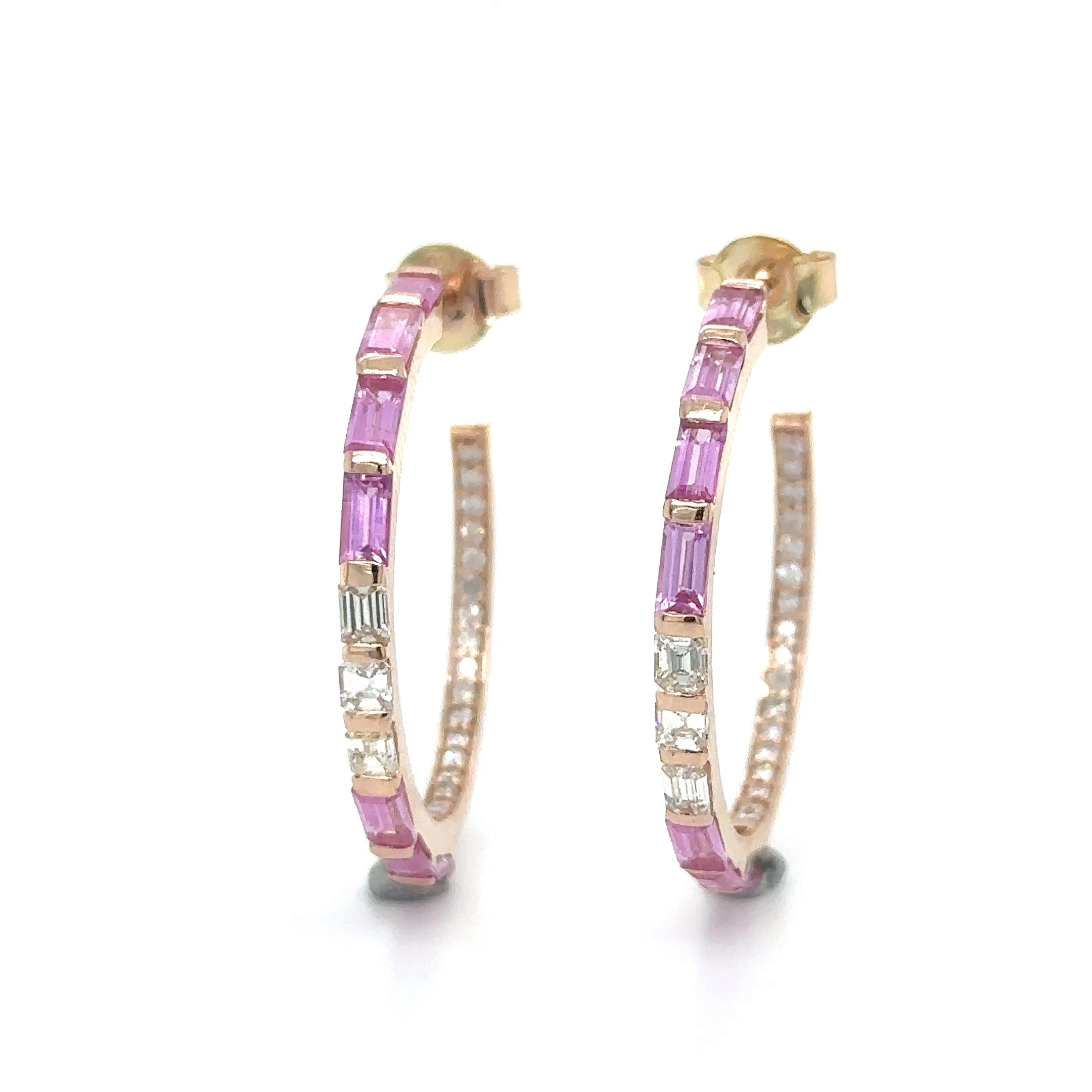 Arete Tipo Argolla Con Diamantes Y Zafiro Rosa En Oro Rosa De 18K, 2,80 Tcw