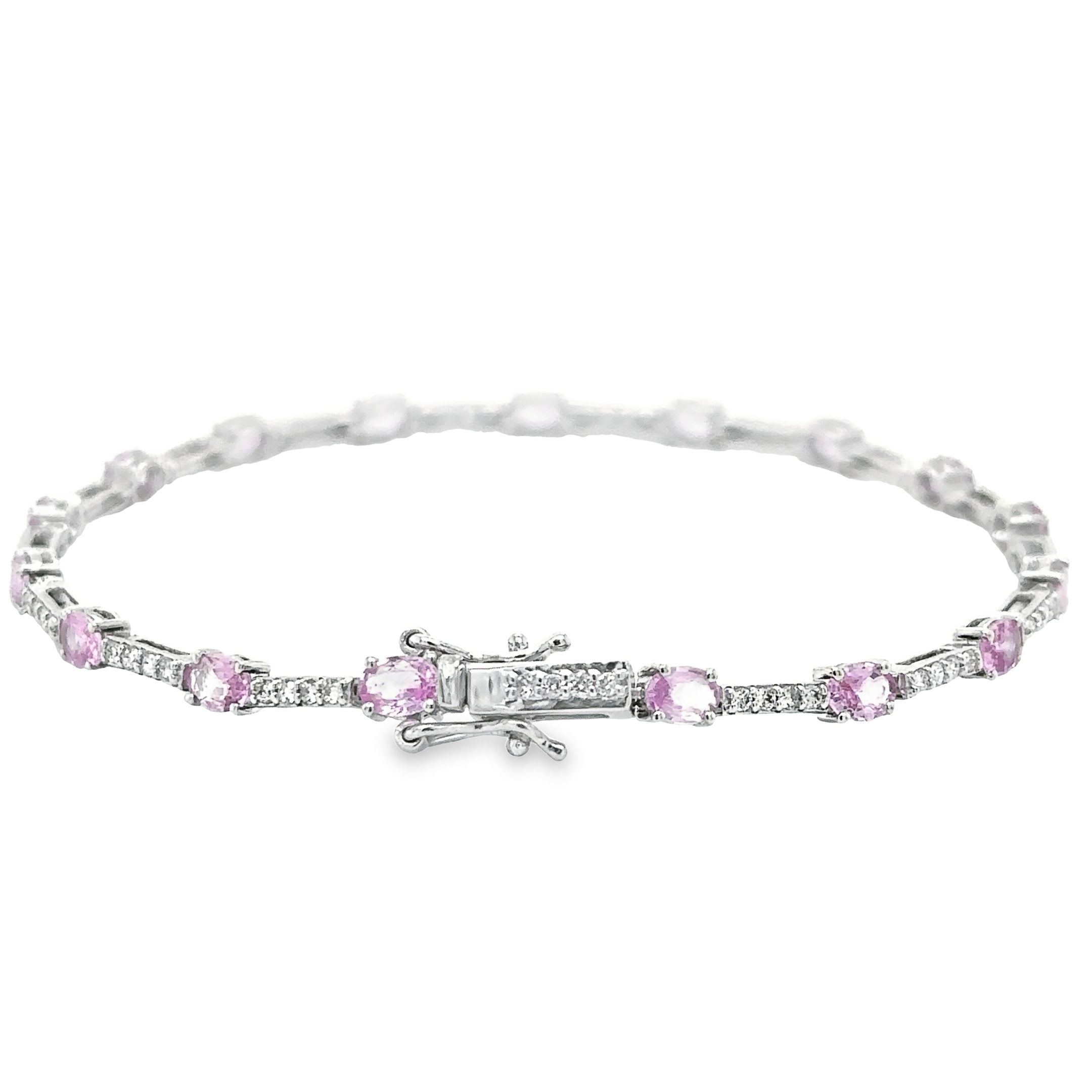 Brazalete De Diamantes Y Zafiro Rosa En Oro Blanco De 14K, 3,49 Tcw