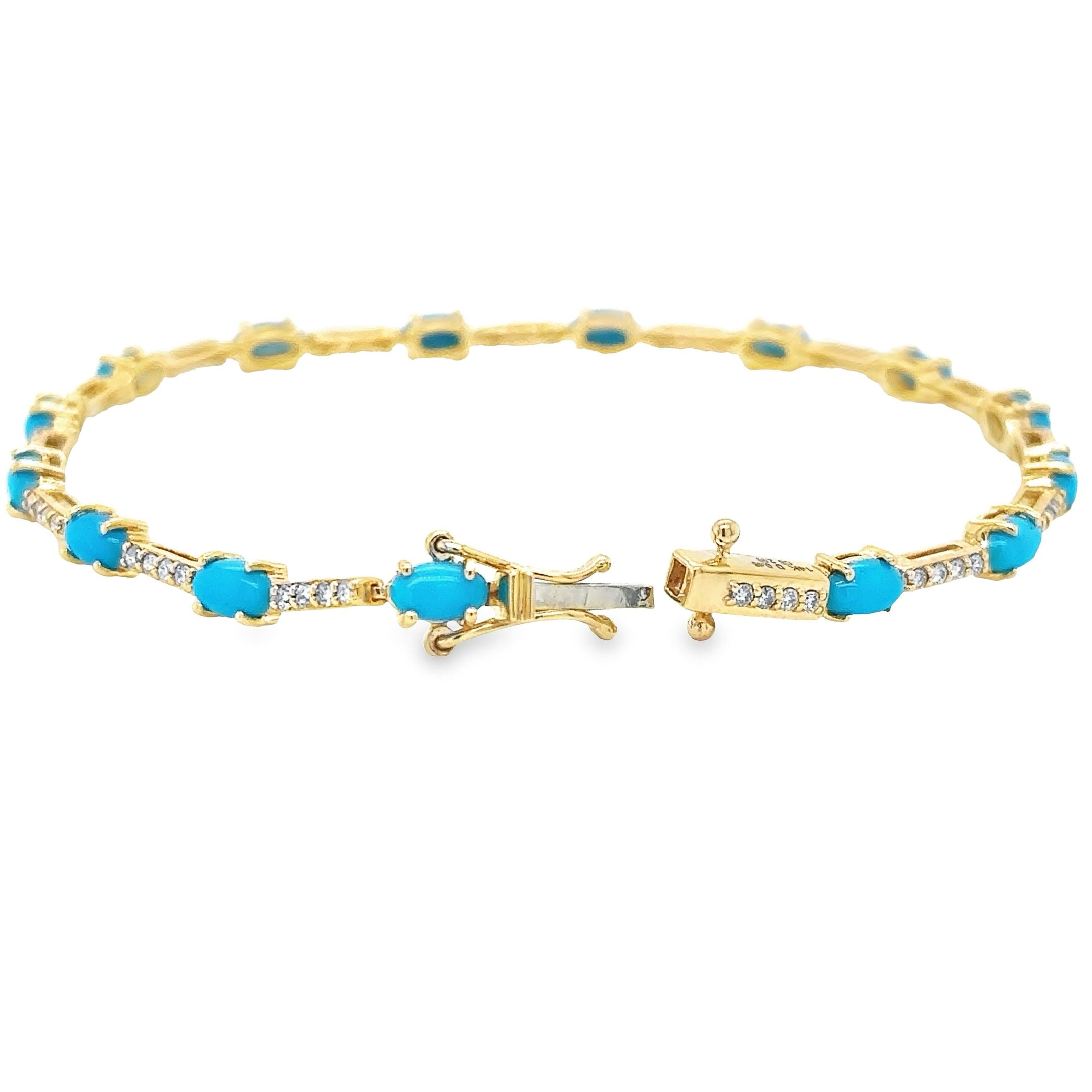 Pulsera De Oro Amarillo De 14Kt Con Turquesas Y Diamantes De 7", 3.28 CT