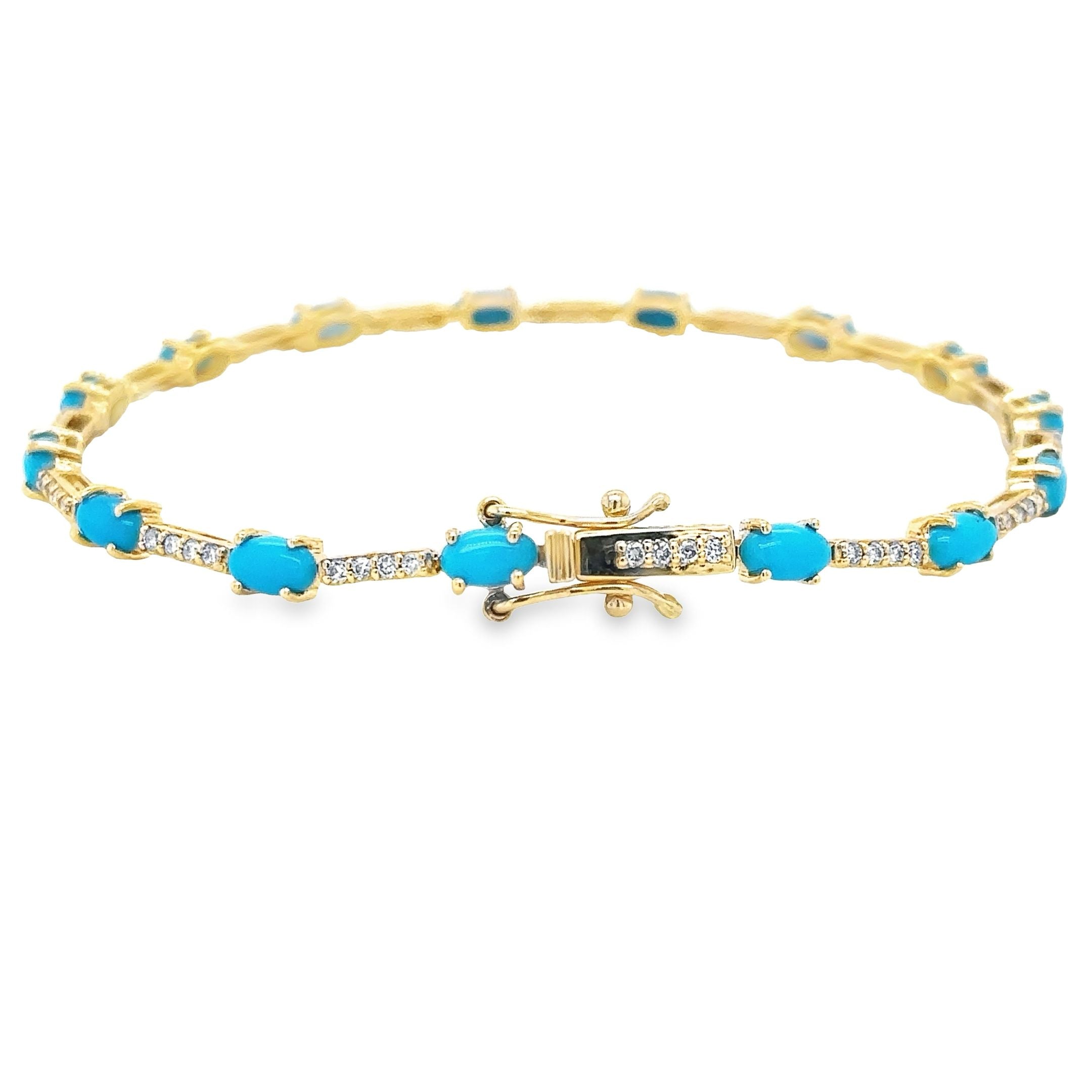 Pulsera De Oro Amarillo De 14Kt Con Turquesas Y Diamantes De 7", 3.28 CT