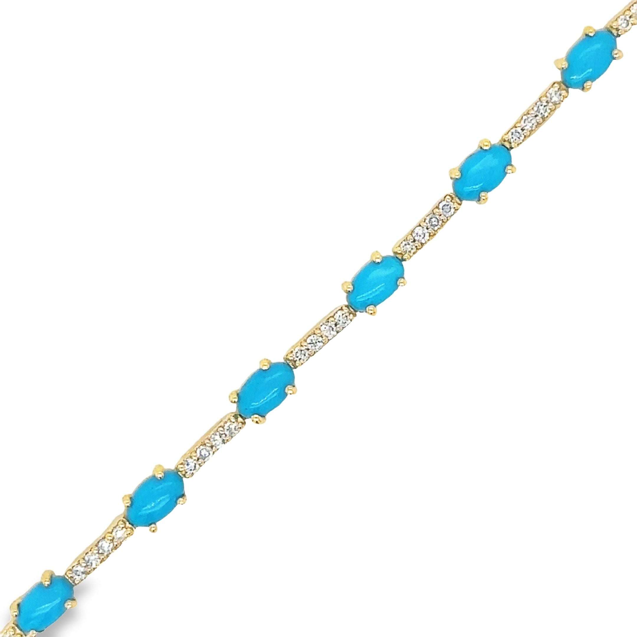 Pulsera De Oro Amarillo De 14Kt Con Turquesas Y Diamantes De 7", 3.28 CT