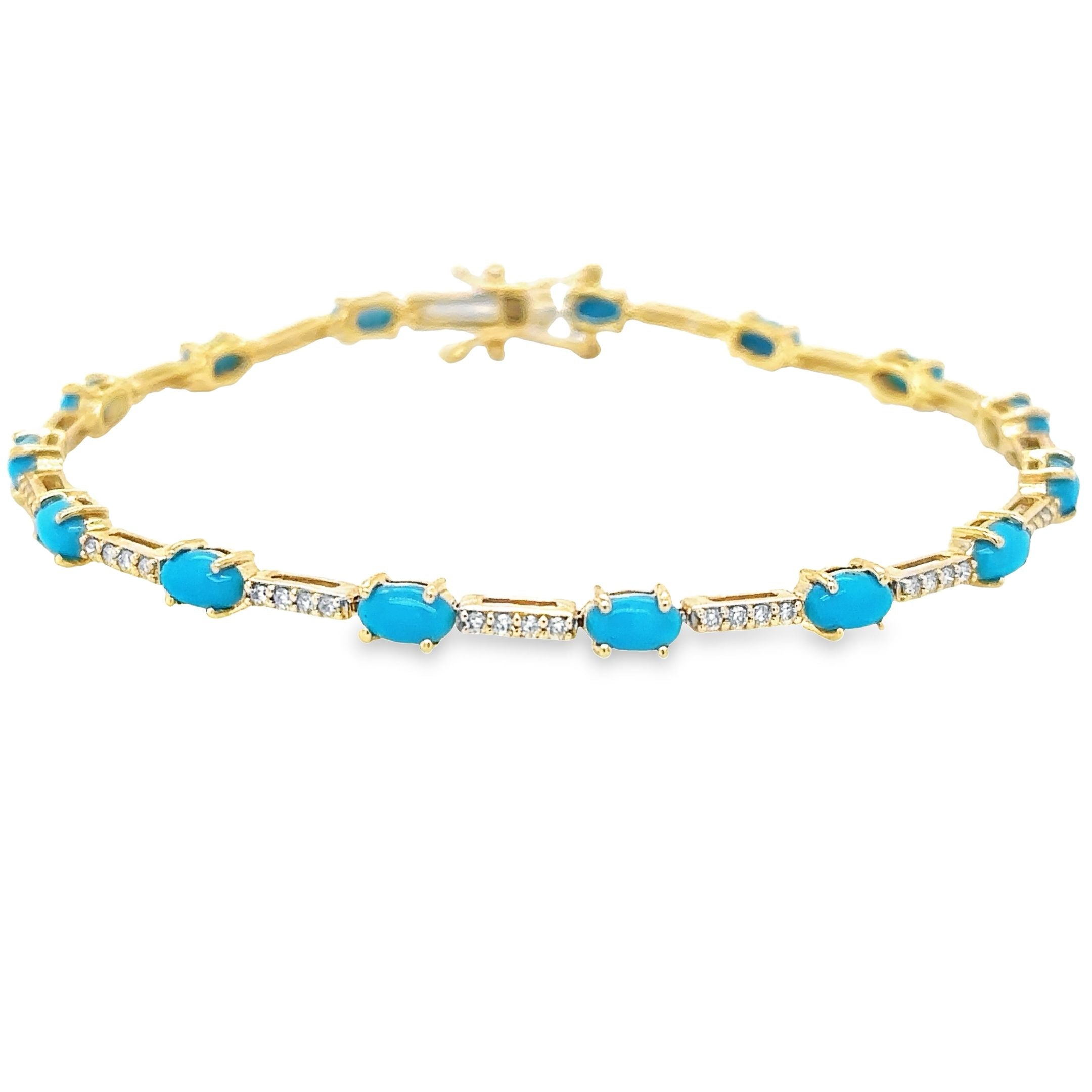 Pulsera De Oro Amarillo De 14Kt Con Turquesas Y Diamantes De 7", 3.28 CT