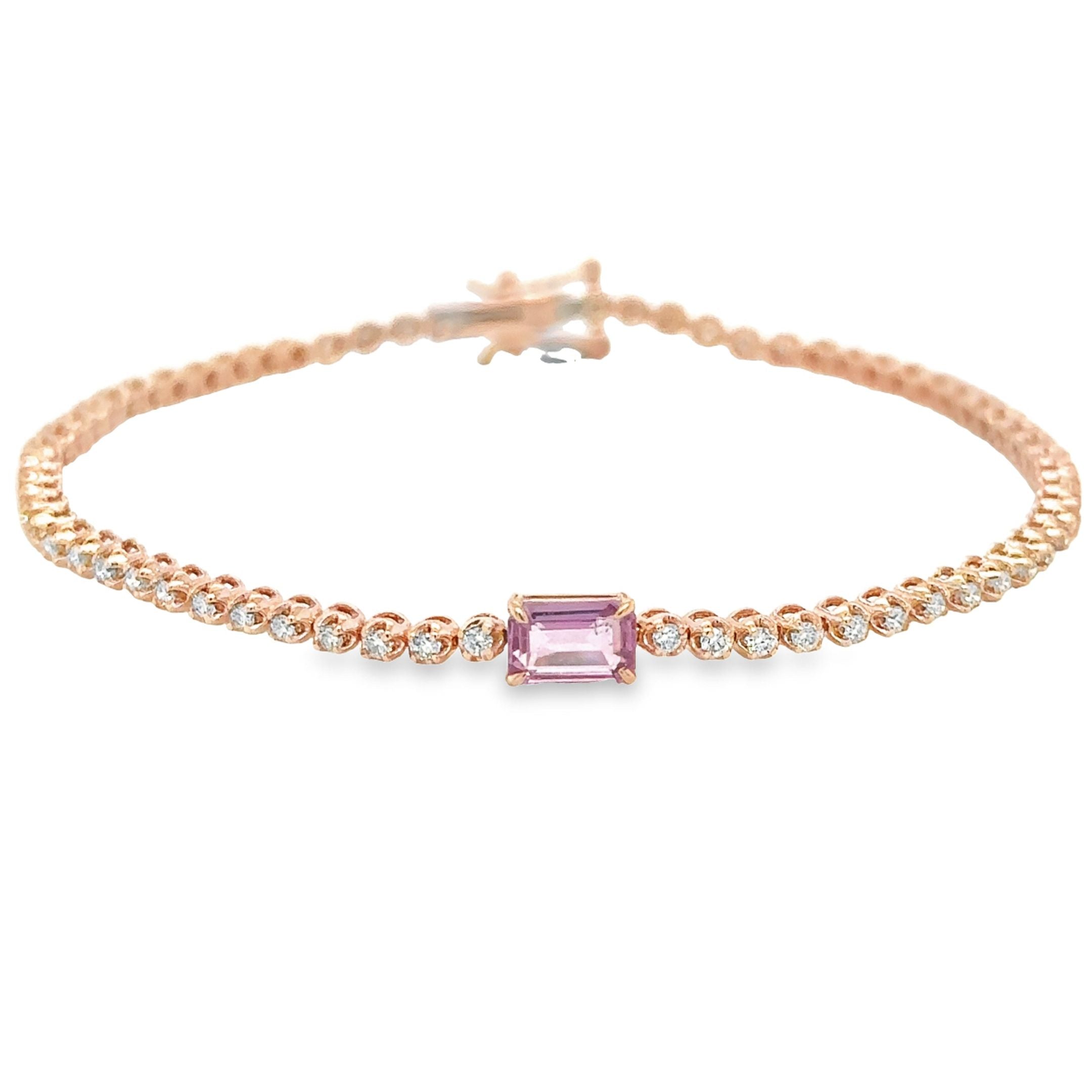 Pulsera De Oro Rosa Tenis De Diamantes & Zafiro Rosa 1,42 Tcw