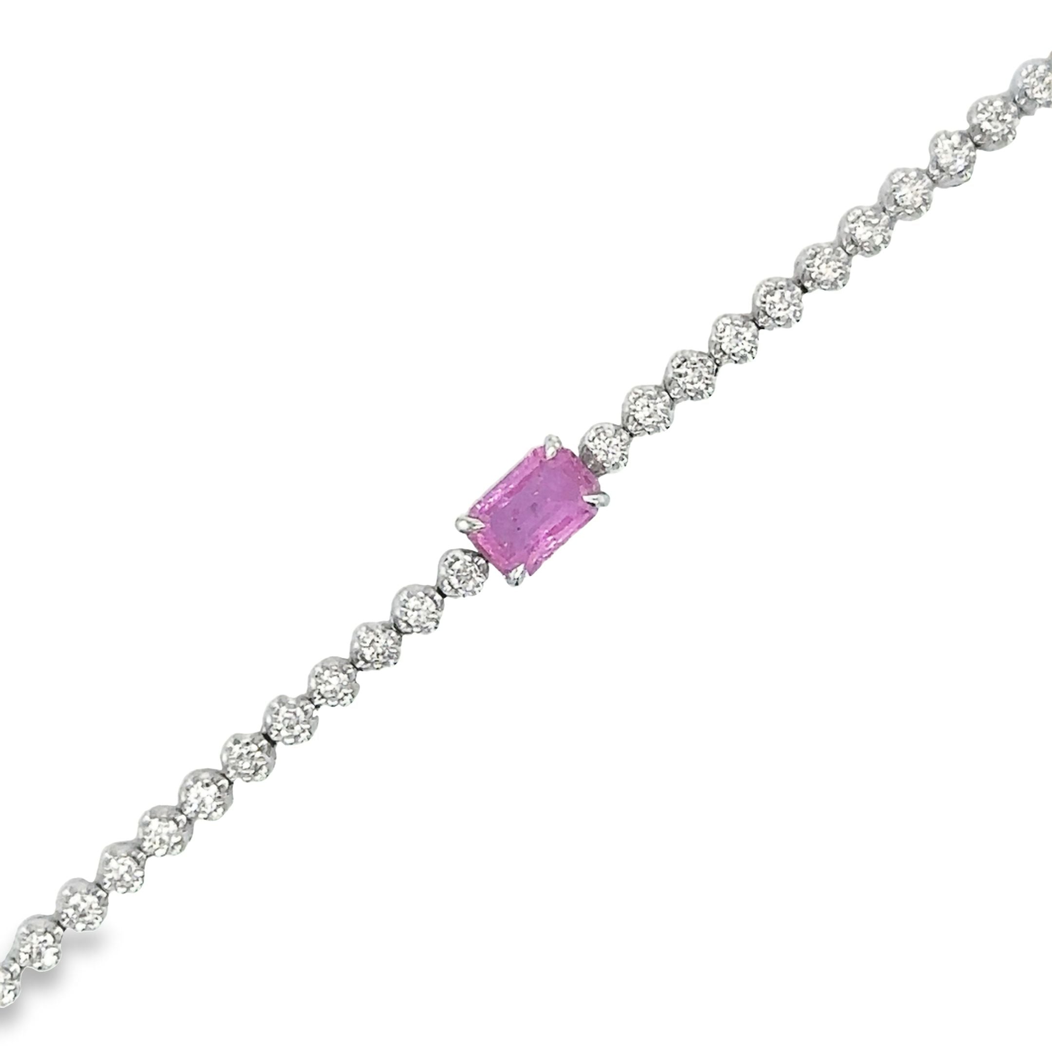 Pulsera De Oro Blanco Tenis De Diamantes & Zafiro Rosa 1,47 Tcw