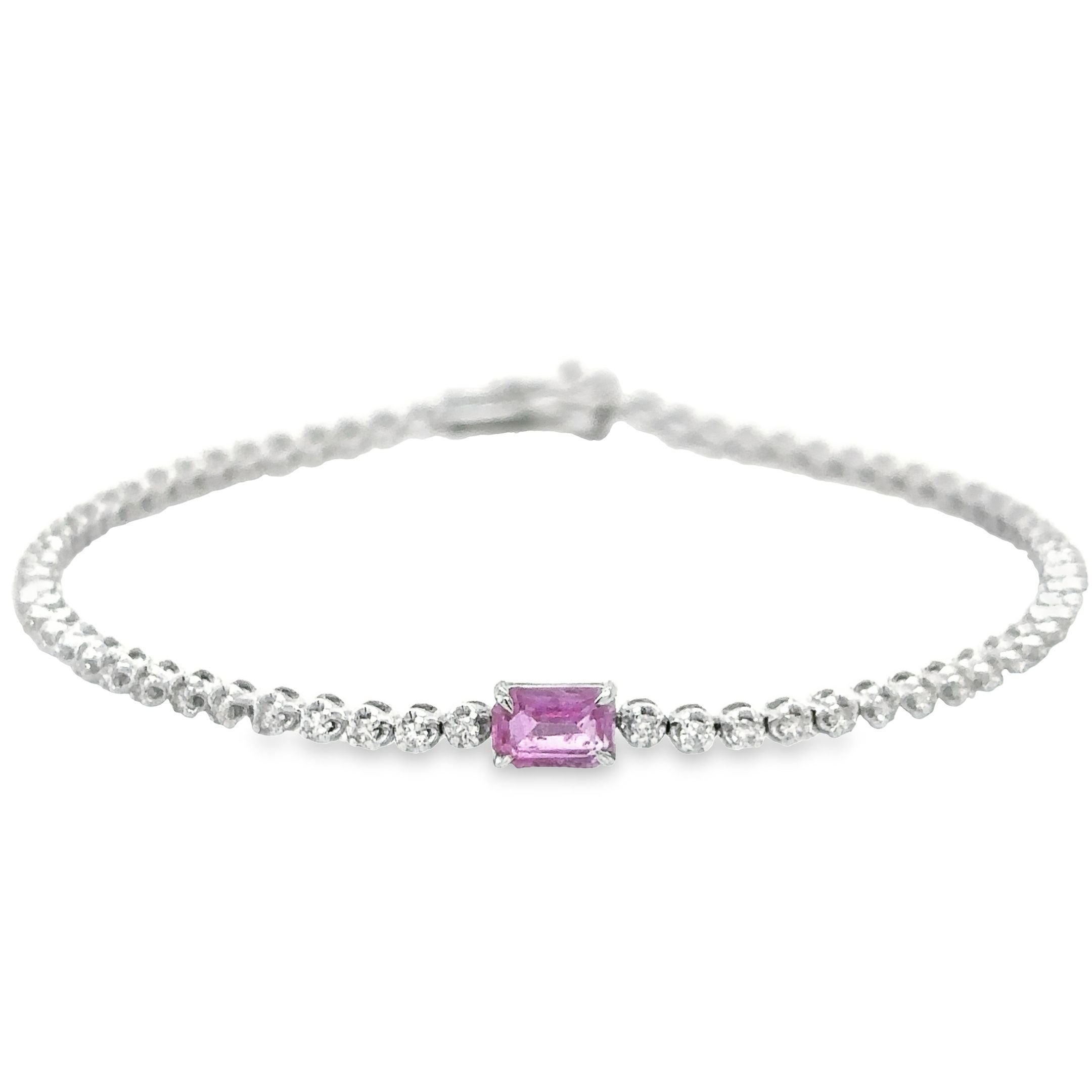 Pulsera De Oro Blanco Tenis De Diamantes & Zafiro Rosa 1,47 Tcw