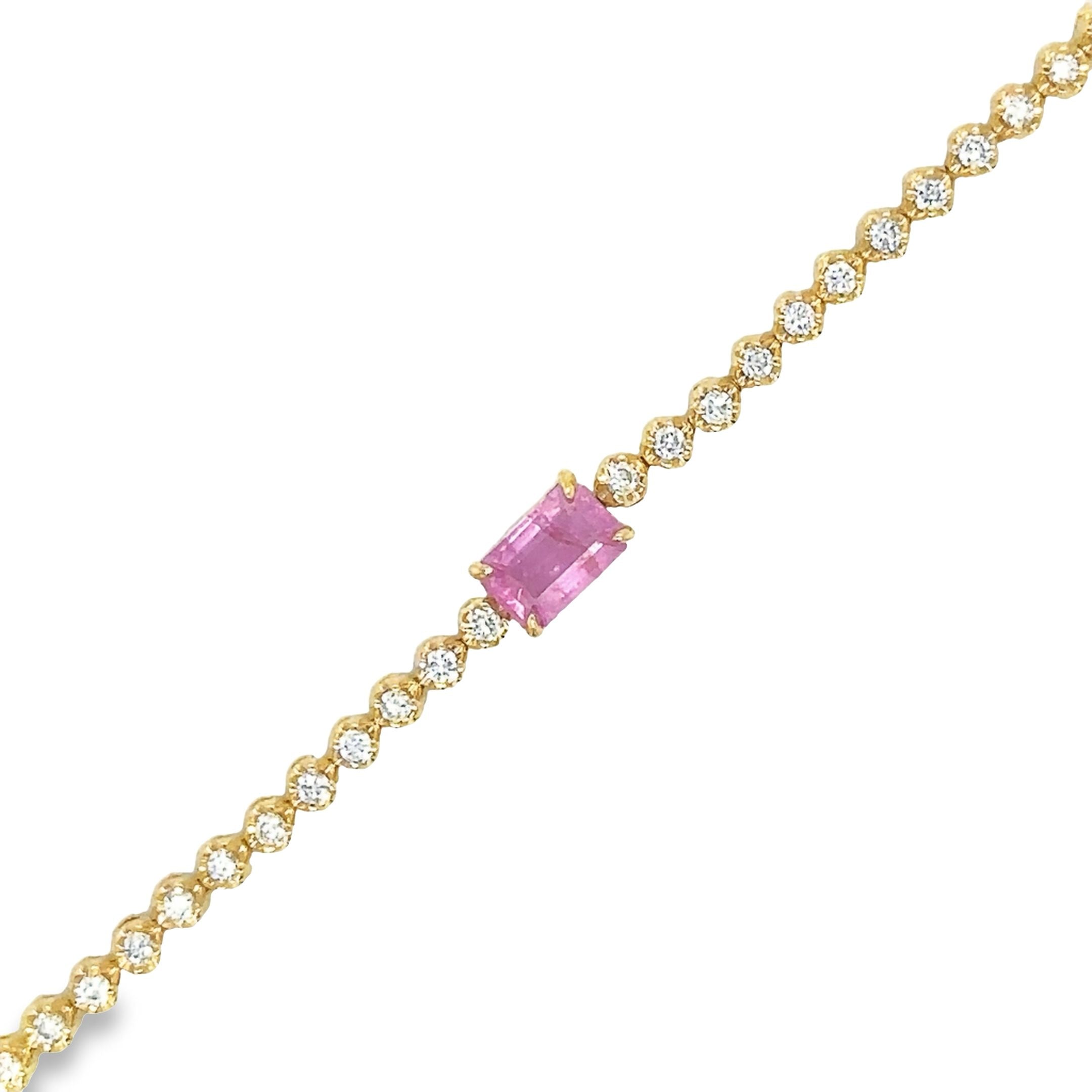 Pulsera De Oro Amarillo Tenis De Diamantes & Zafiro Rosa 1,42 Tcw