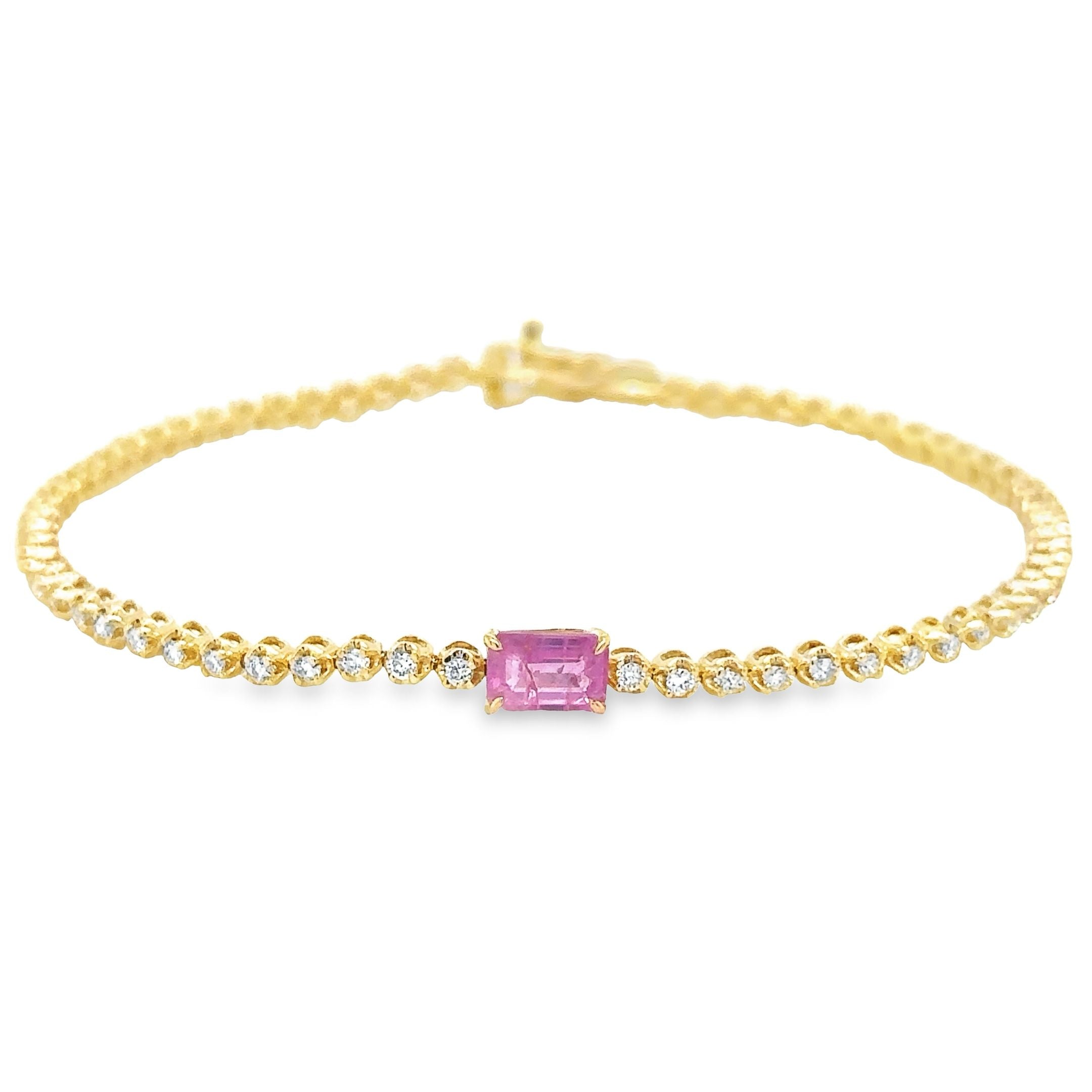 Pulsera De Oro Amarillo Tenis De Diamantes & Zafiro Rosa 1,42 Tcw