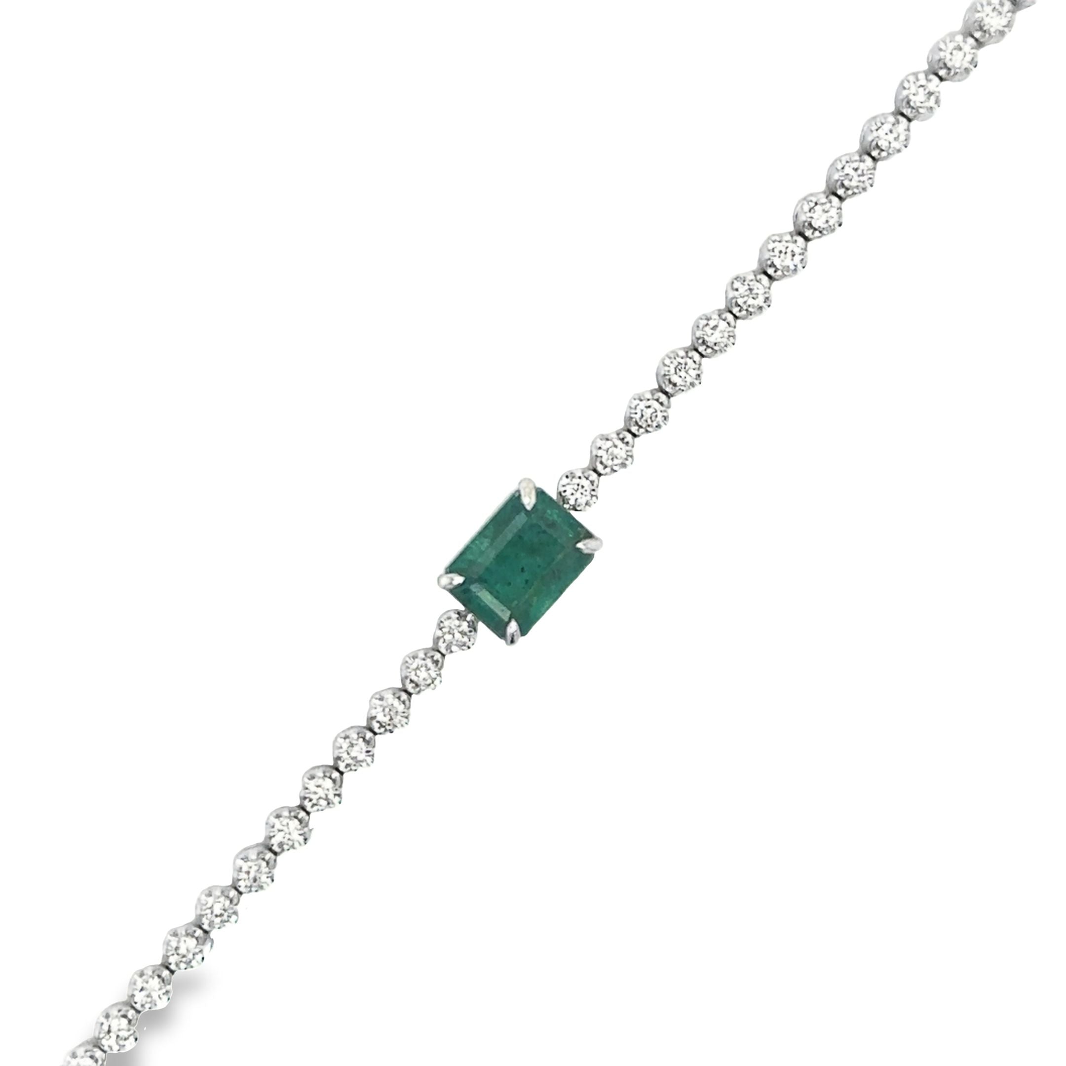 Pulsera De Oro Blanco Tenis De Diamantes & Esmeralda 2,4 Tcw