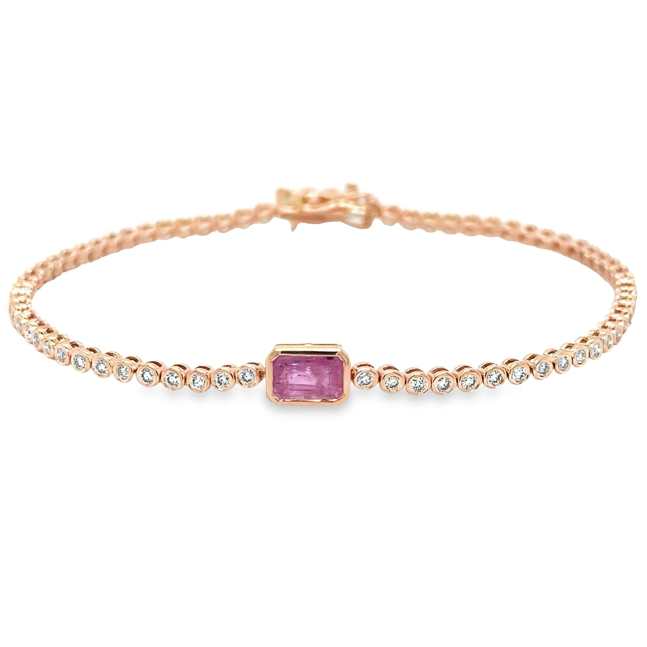 Pulsera De Oro Rosa Tenis De Diamantes & Zafiro Rosa 1,53 Tcw