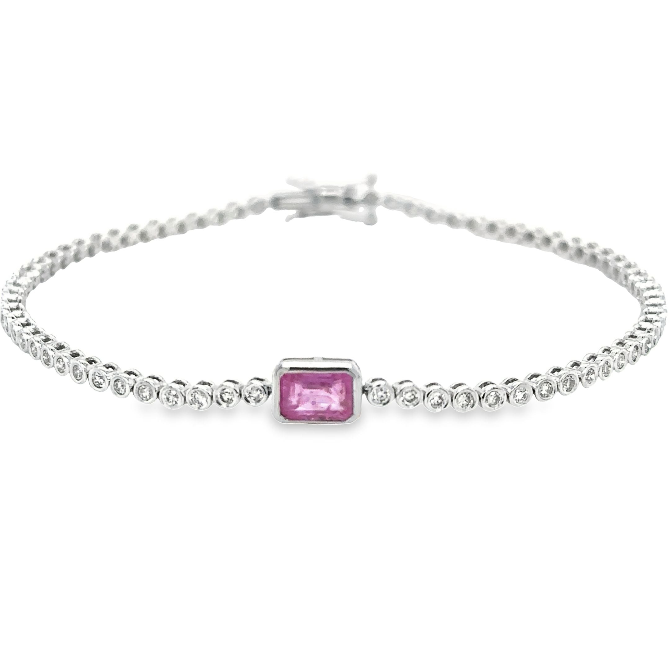 Pulsera De Oro Blanco Tenis De Diamantes & Zafiro Rosa 1,53 Tcw