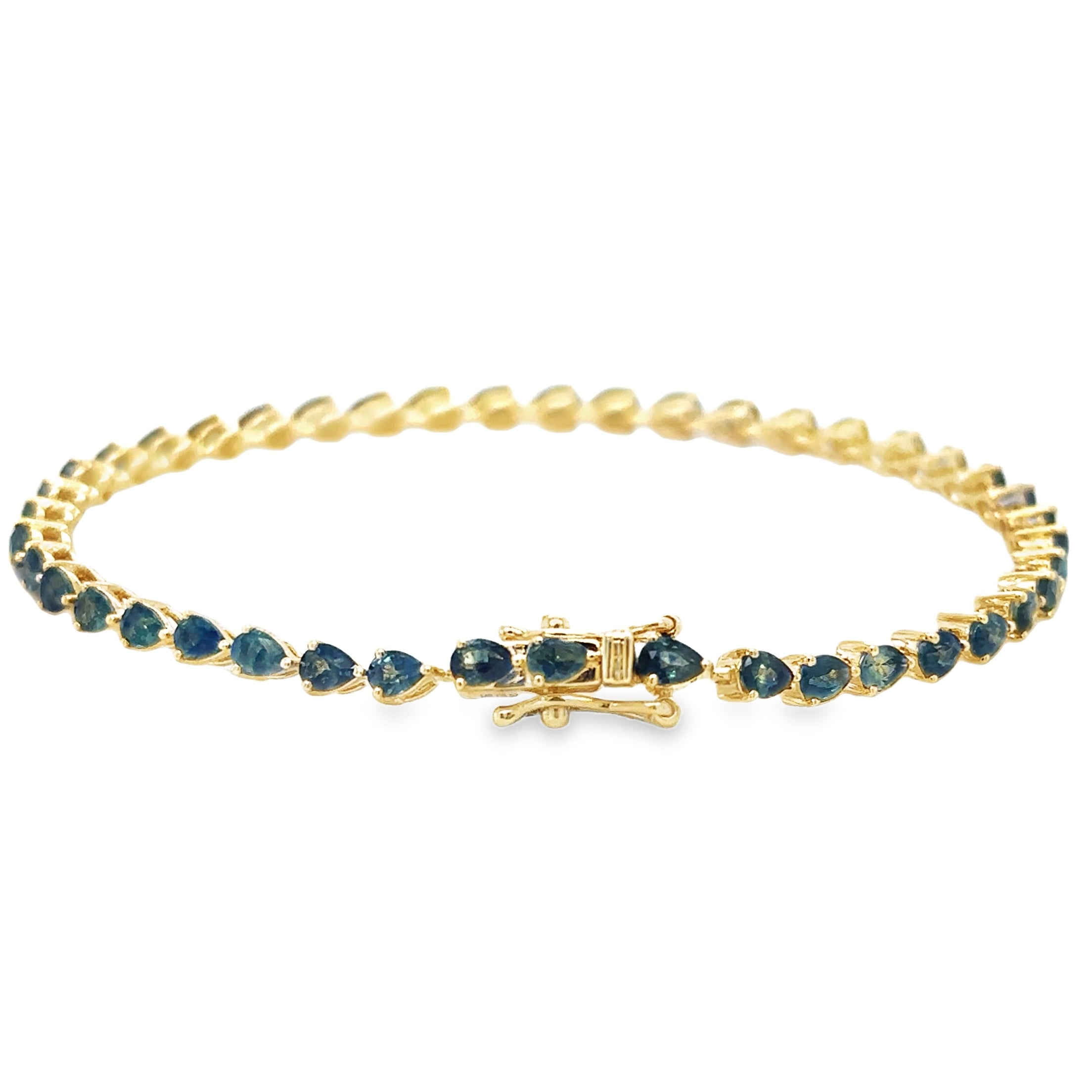 Pulsera De Zafiro Verde/Azul En Forma De Pera De Oro Amarillo De 14 K De 7", 5.52CT