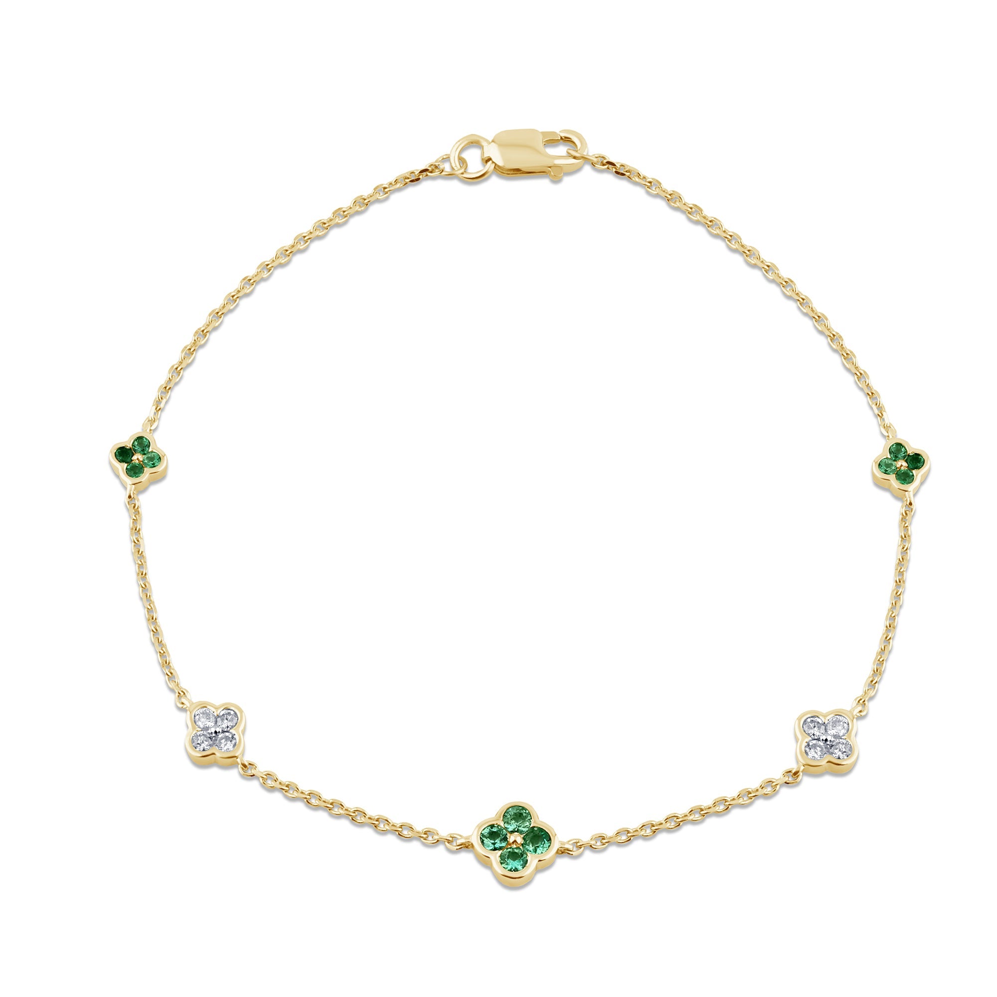 Pulsera con flores oro amarillo de 14K con diamantes de 0.43ct  y esmeraldas