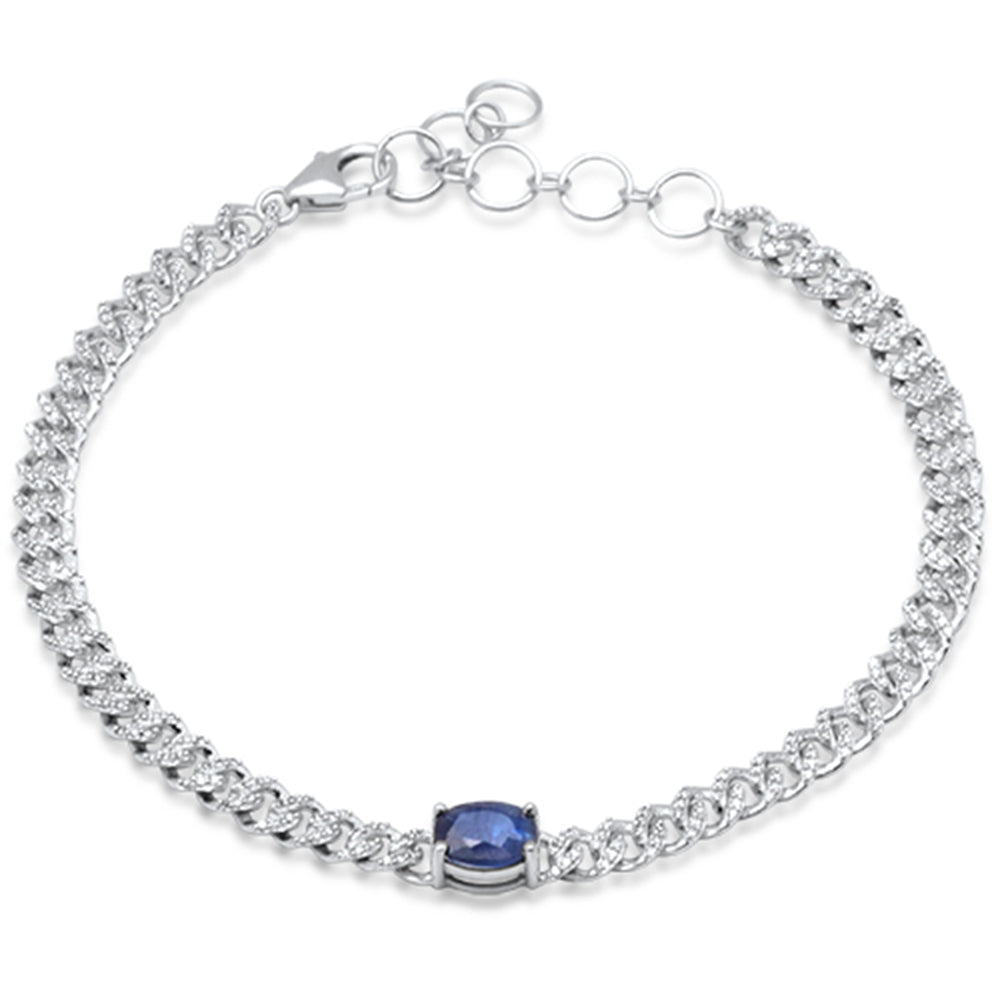 Pulsera cubana de diamantes y zafiro azul ovalada de oro blanco de 14K, 1.11CT.