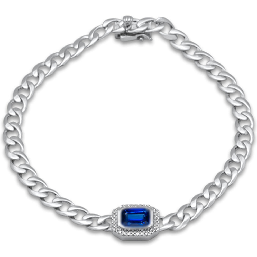 Brazalete cubano de oro blanco de 14K con diamantes y zafiro azul, 1.43CT.