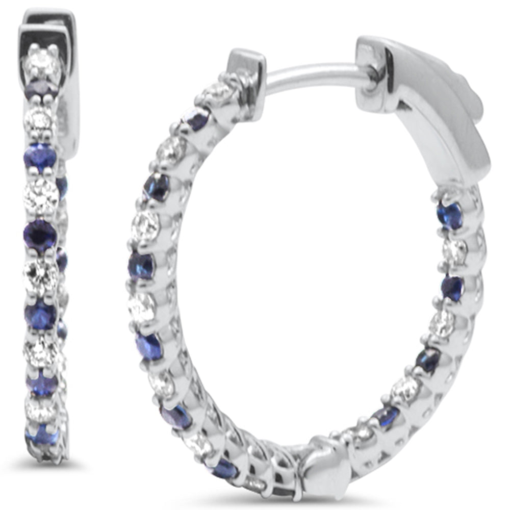 Aretes tipo argolla de oro blanco de 14K con diamantes y zafiro azul, 0.56CT.