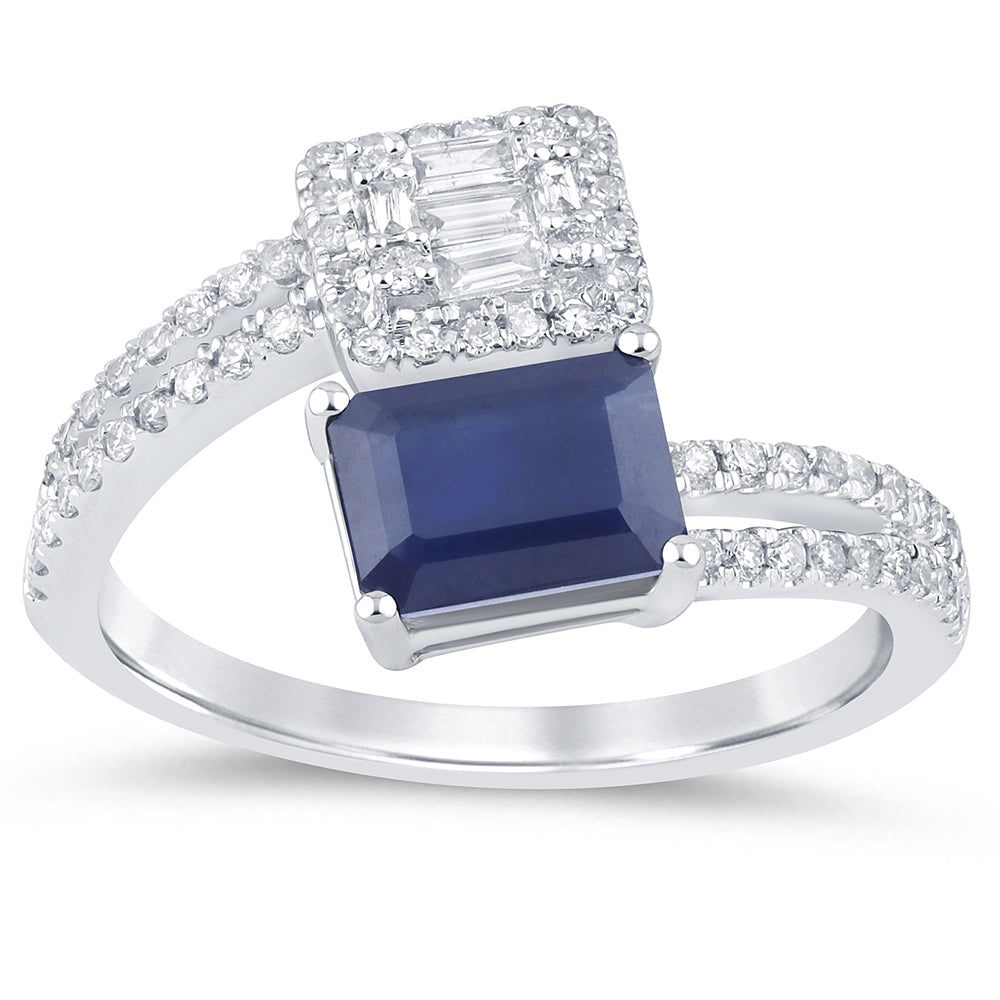 Anillo envolvente de oro blanco de 14K con zafiro azul y diamantes, 1.71CT.