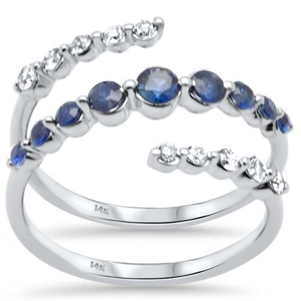 14K White Gold Wrap Ring with Blue Sapphire and Diamonds, 0.79CT.