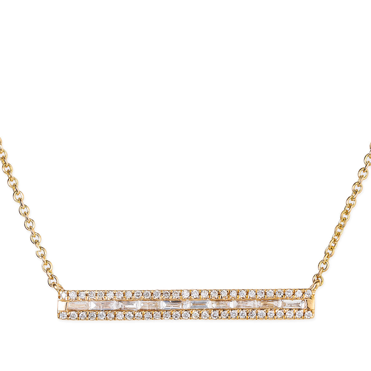 14Kt Round/Baguette Diamond Bar Necklace, 0.22 CT